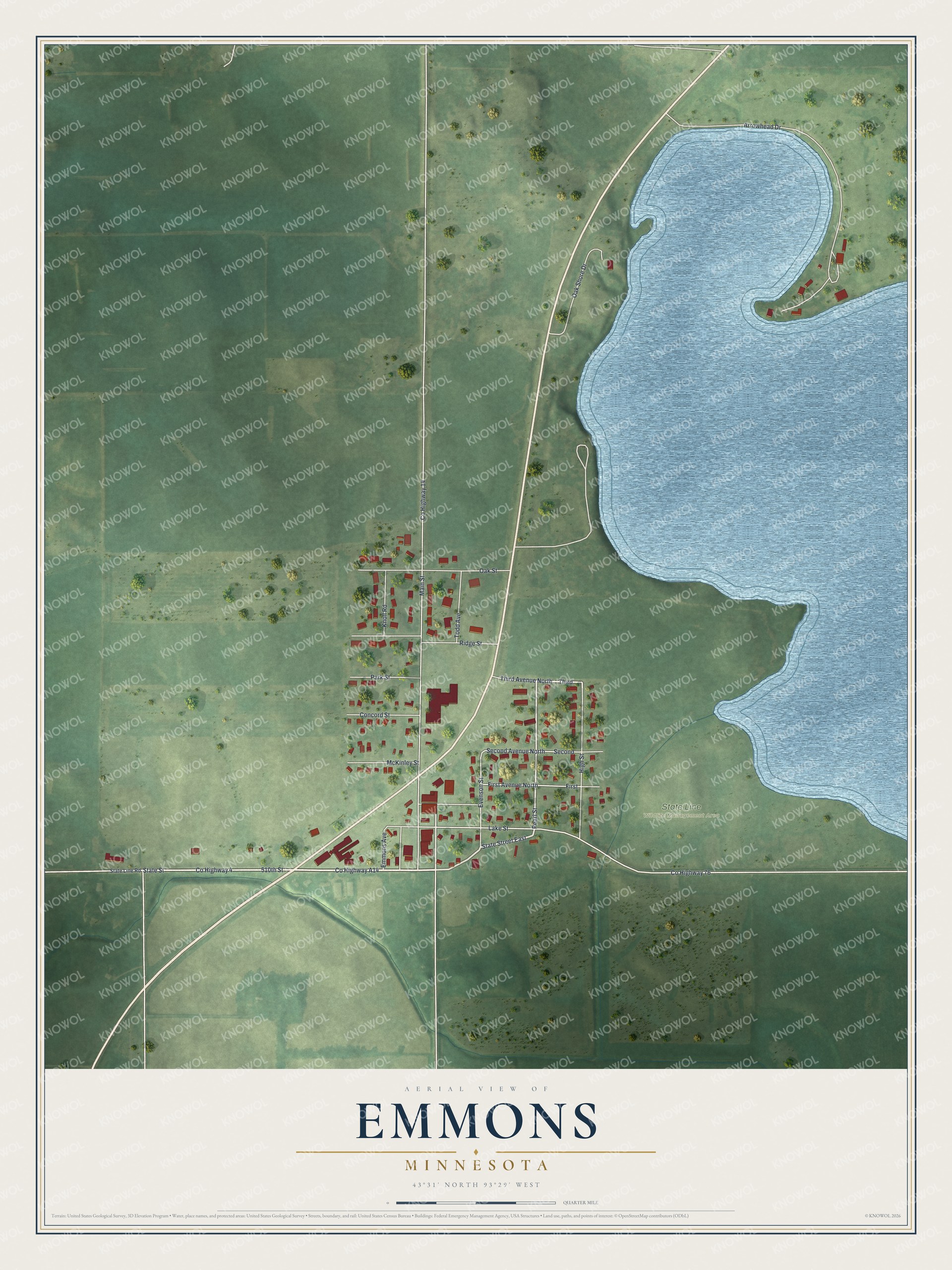 Full map of Emmons, Minnesota, with red buildings, printed street names and the land around them