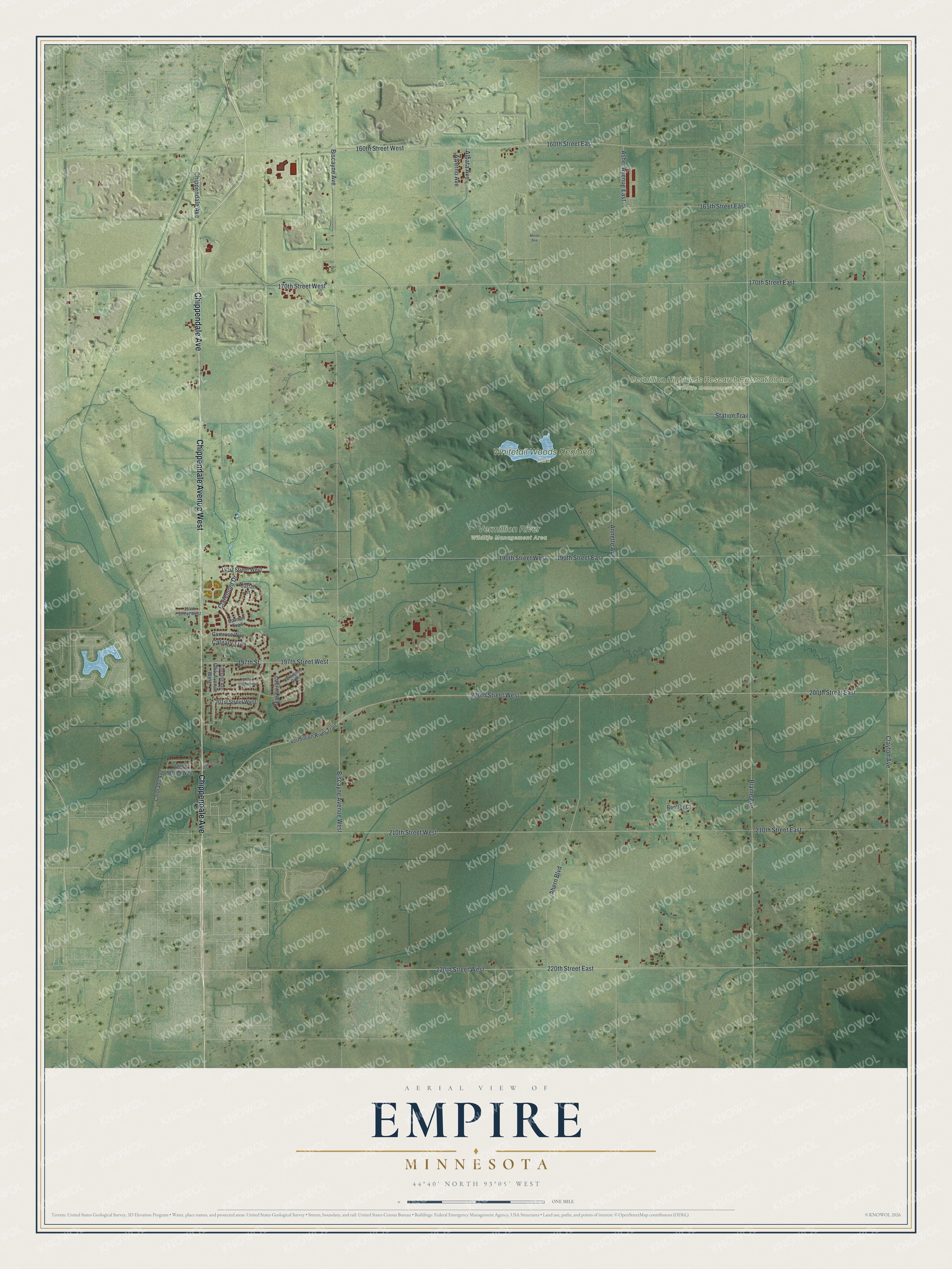 Full map of Empire, Minnesota, with red buildings, printed street names and the land around them