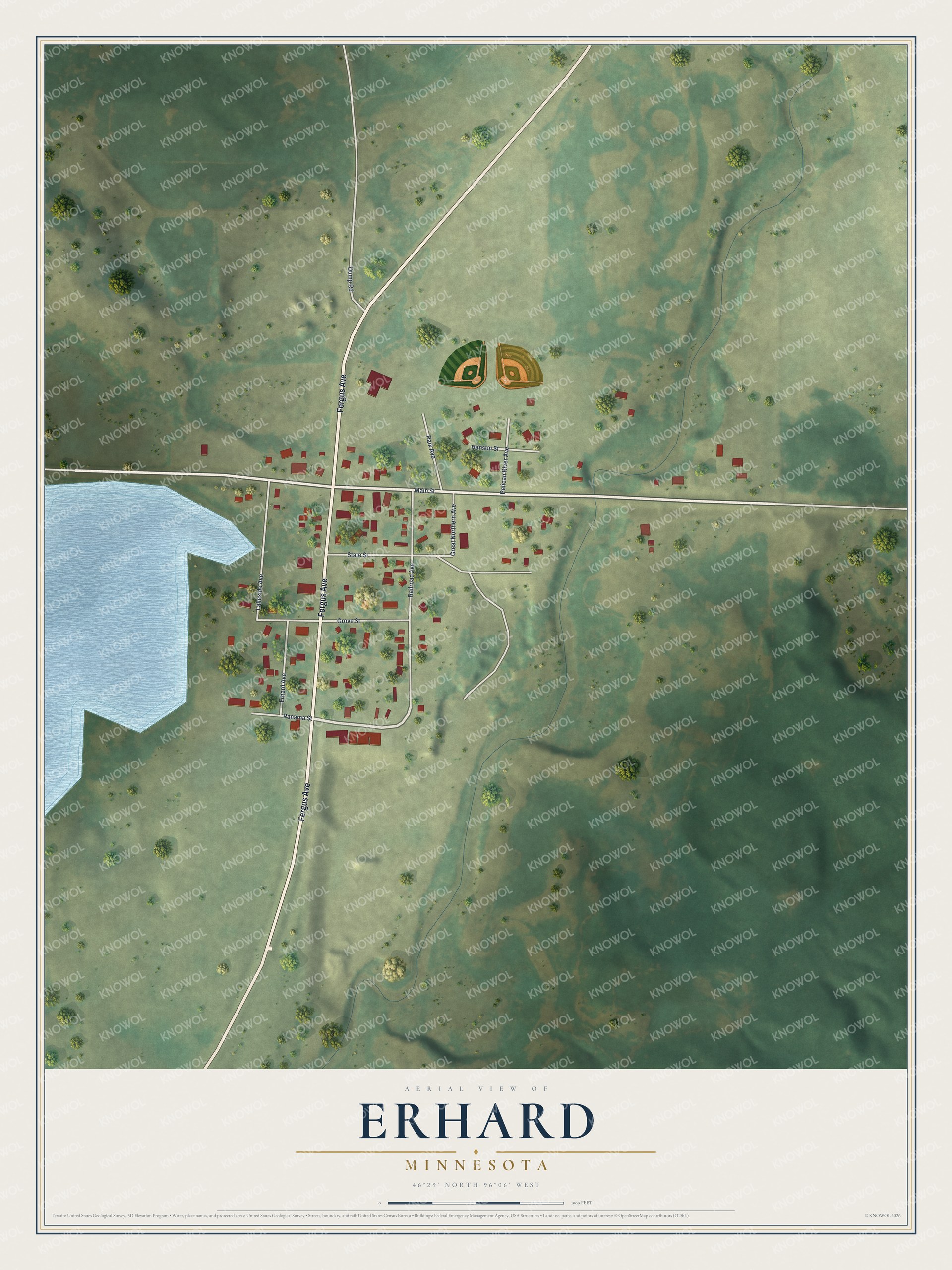 Full map of Erhard, Minnesota, with red buildings, printed street names and the land around them