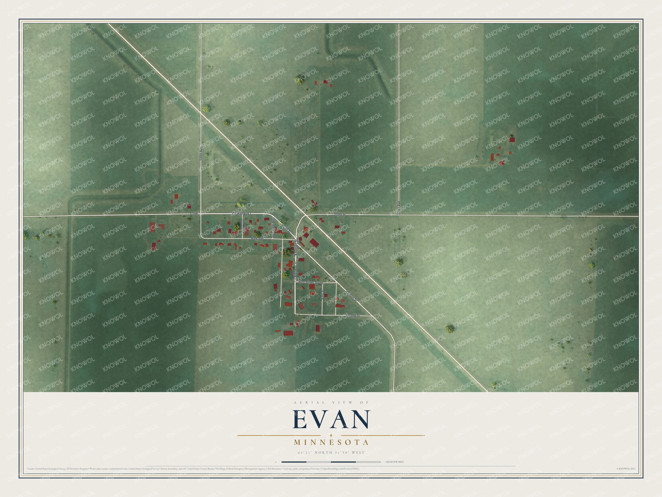 Full map of Evan, Minnesota, with red buildings, printed street names and the land around them