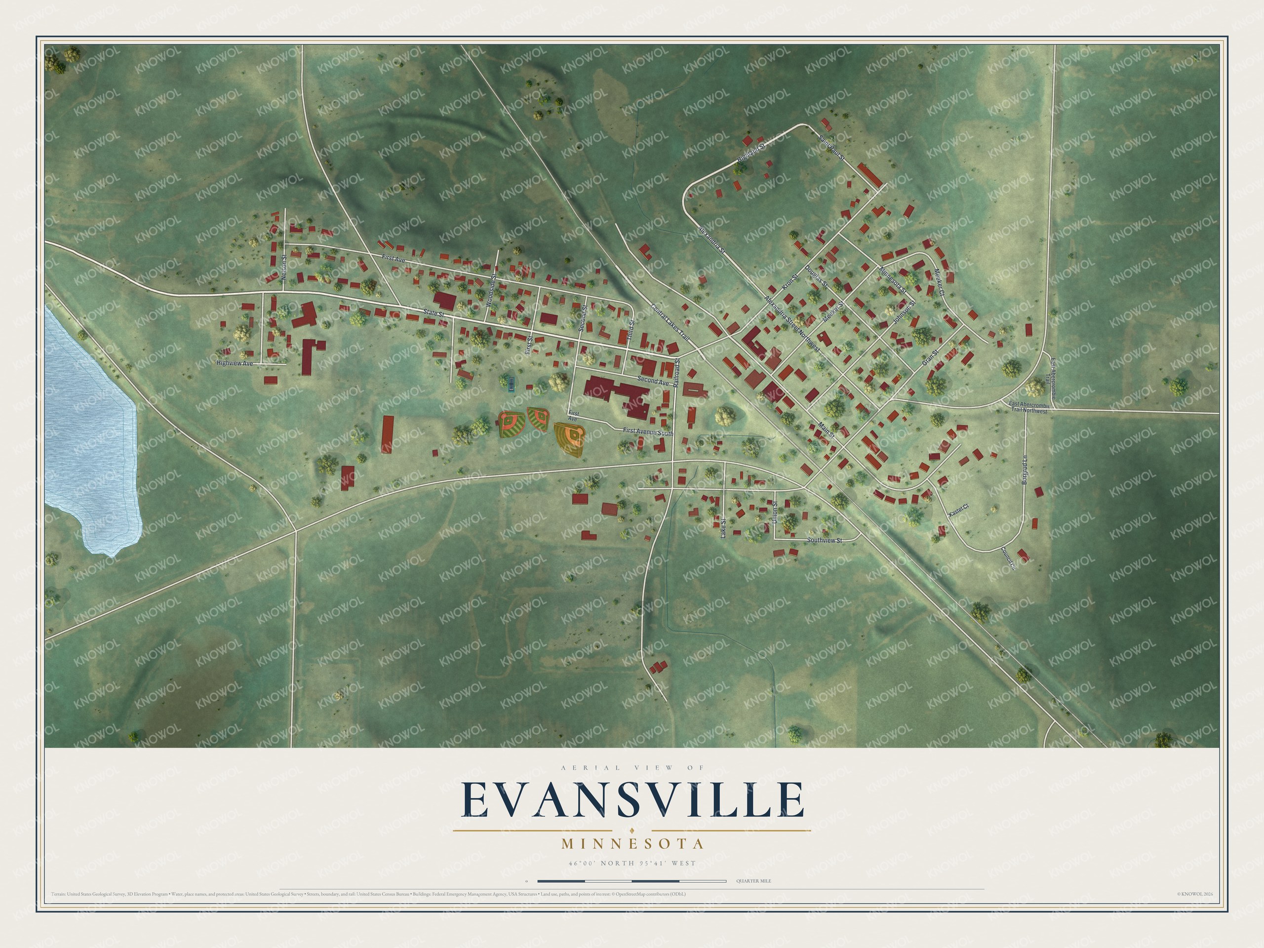 Full map of Evansville, Minnesota, with red buildings, printed street names and the land around them