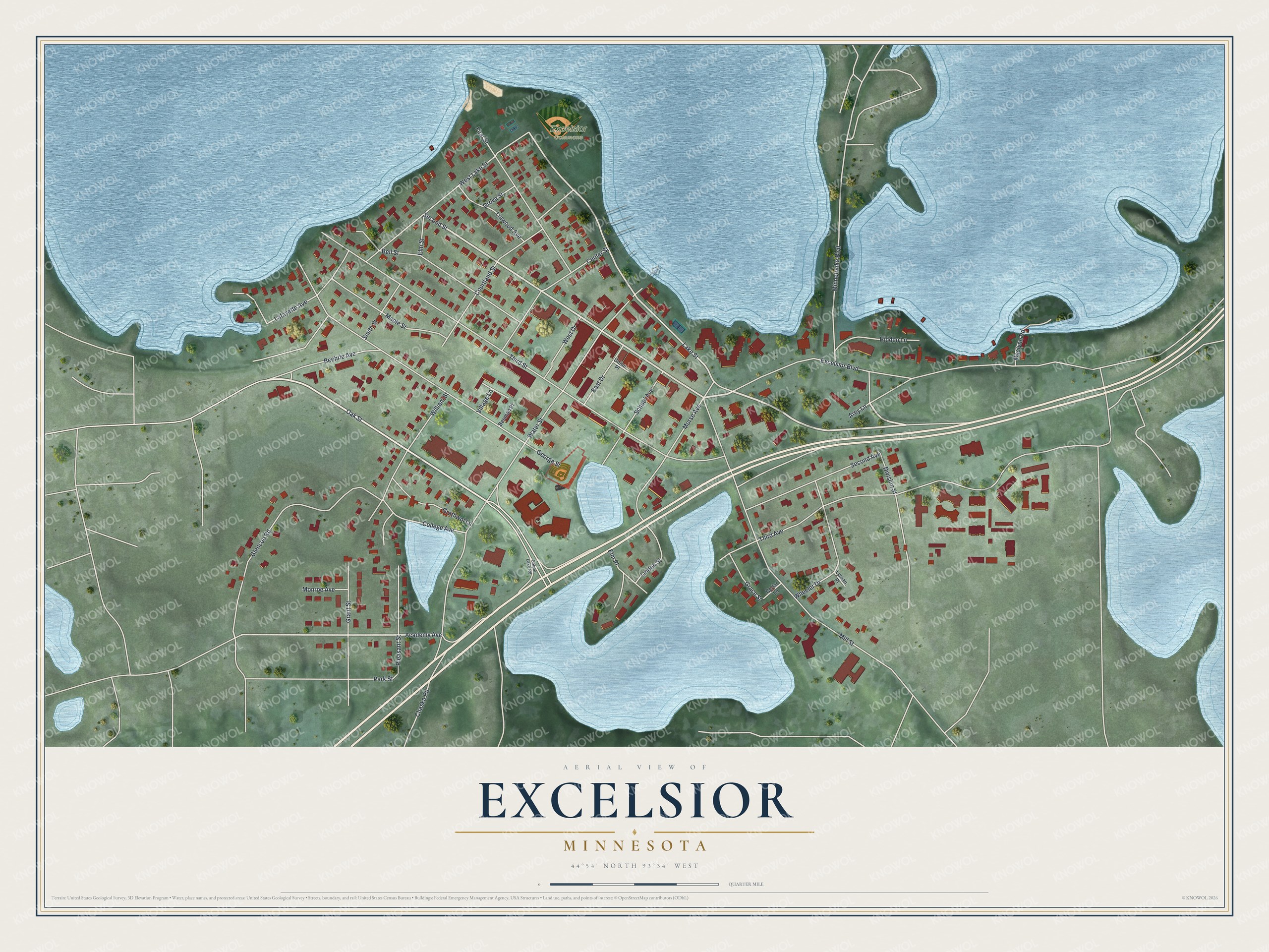 Full map of Excelsior, Minnesota, with red buildings, printed street names and the land around them