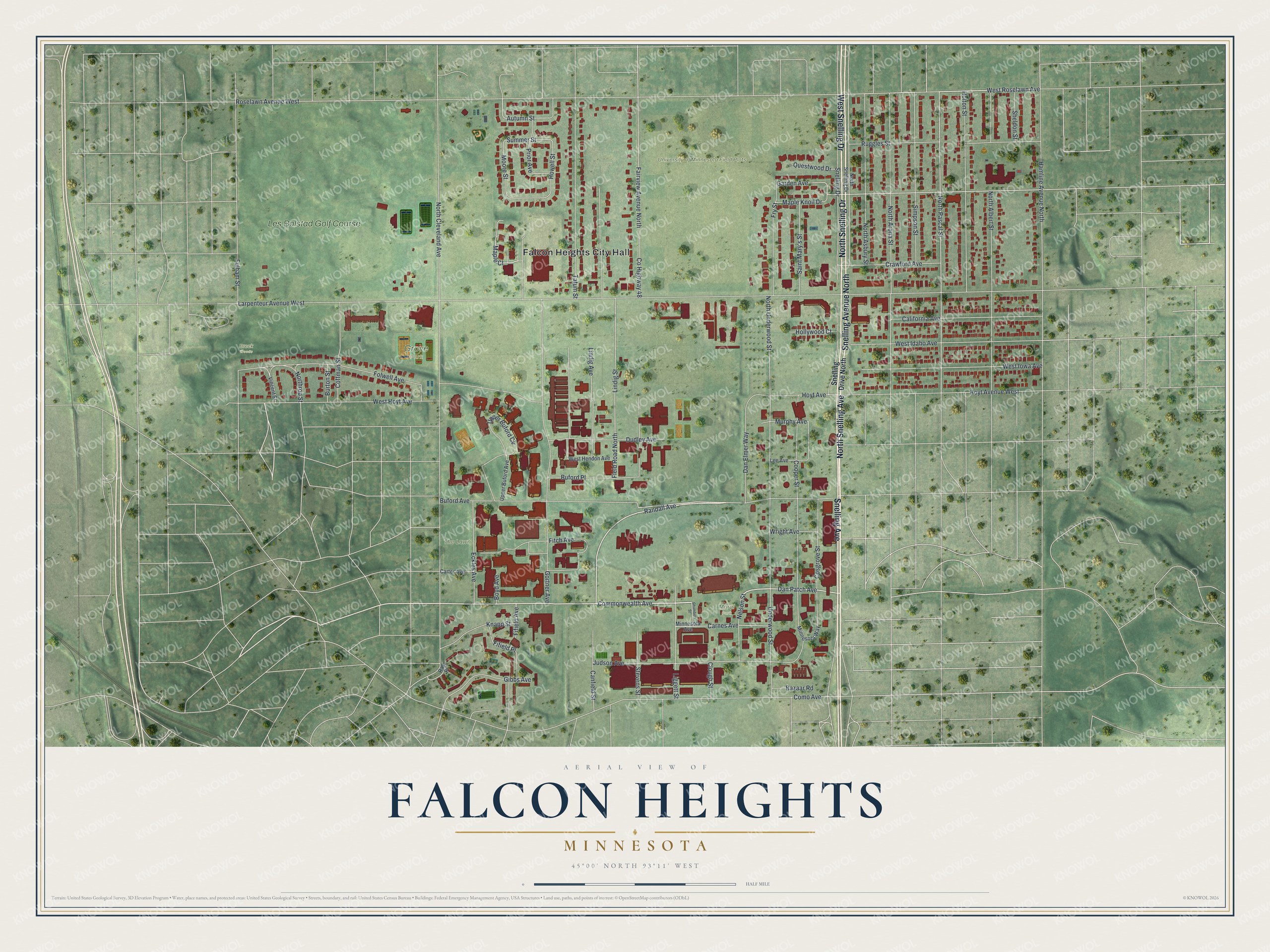 Full map of Falcon Heights, Minnesota, with red buildings, printed street names and the land around them
