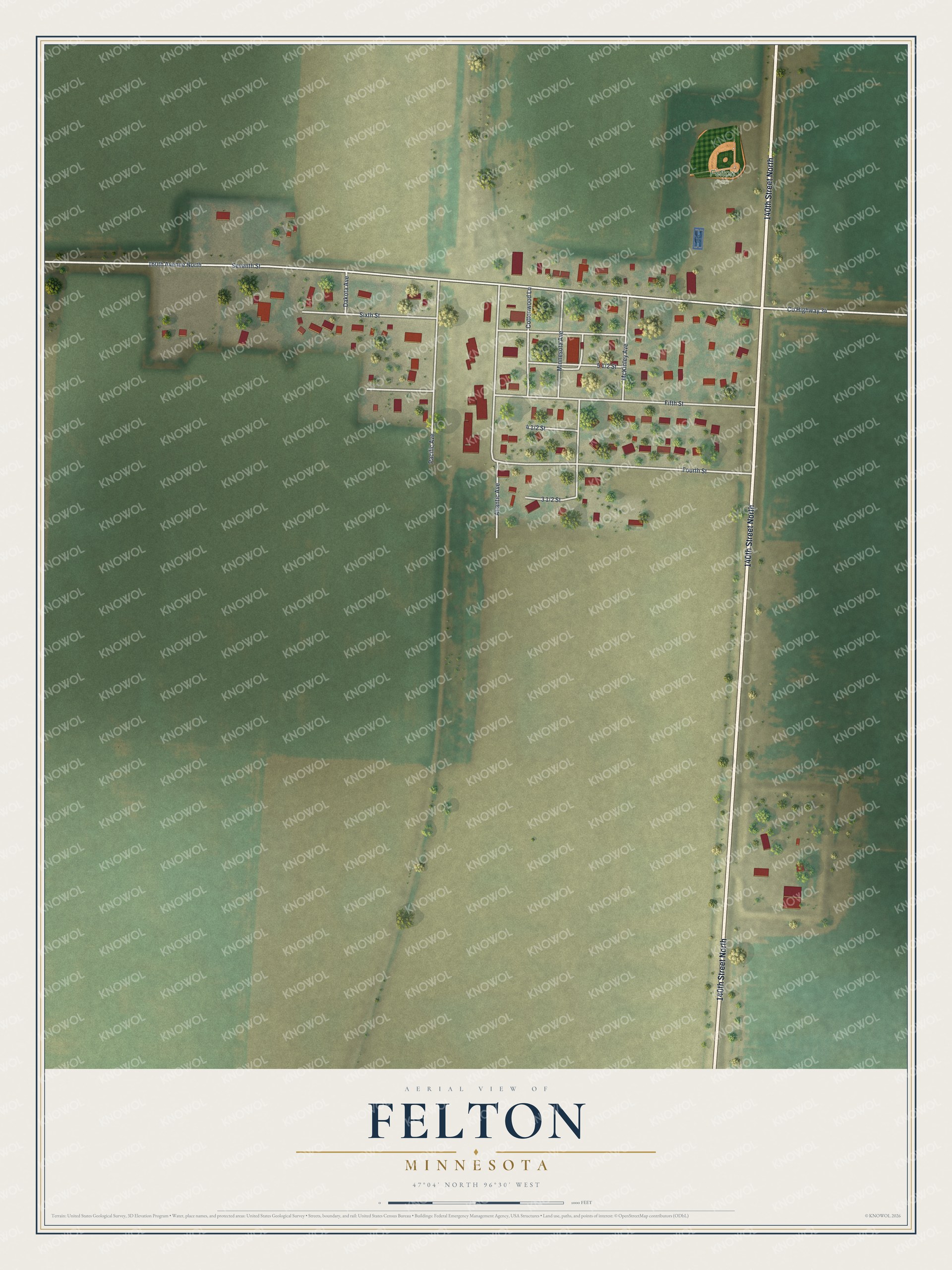 Full map of Felton, Minnesota, with red buildings, printed street names and the land around them