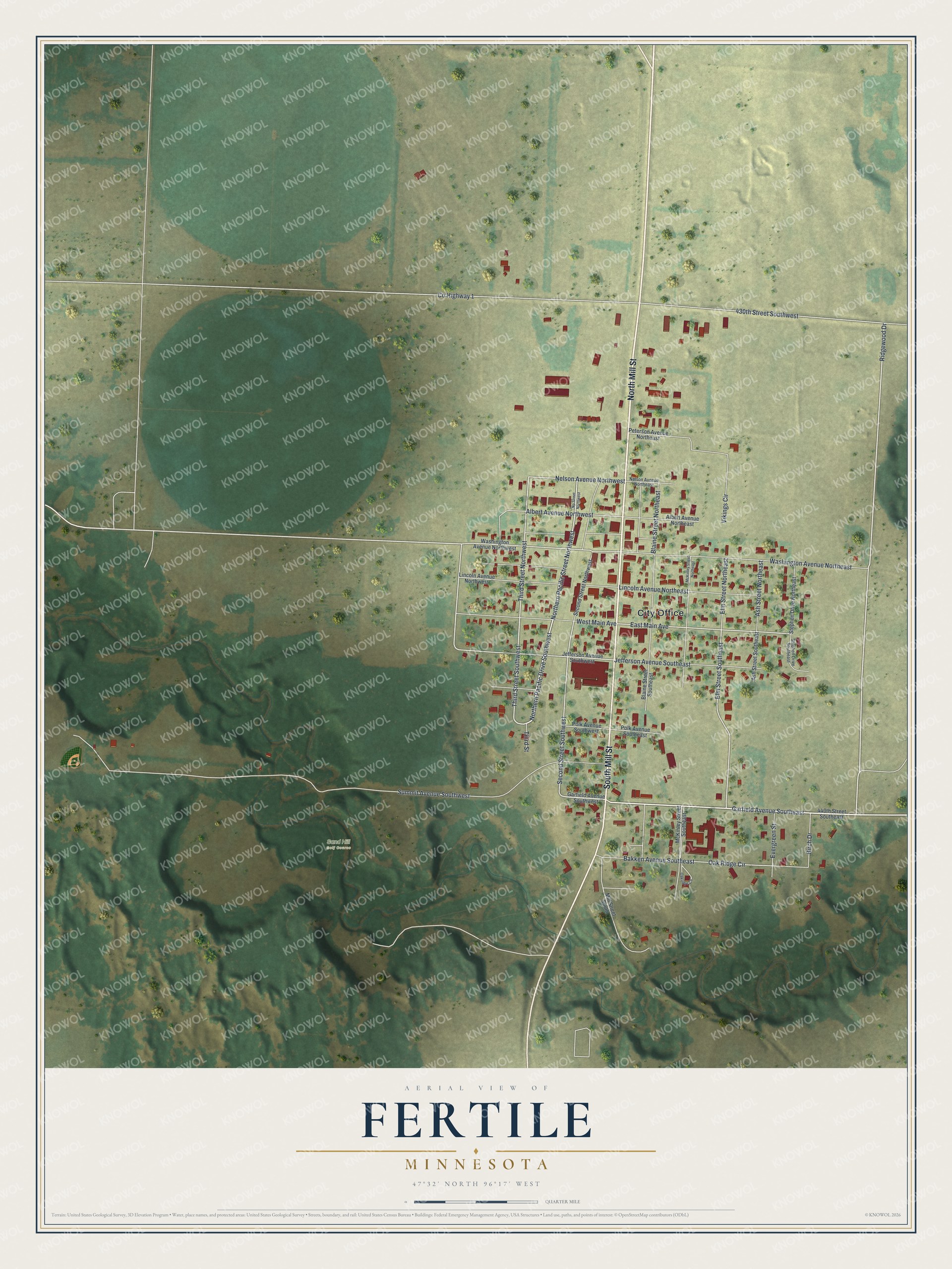 Full map of Fertile, Minnesota, with red buildings, printed street names and the land around them