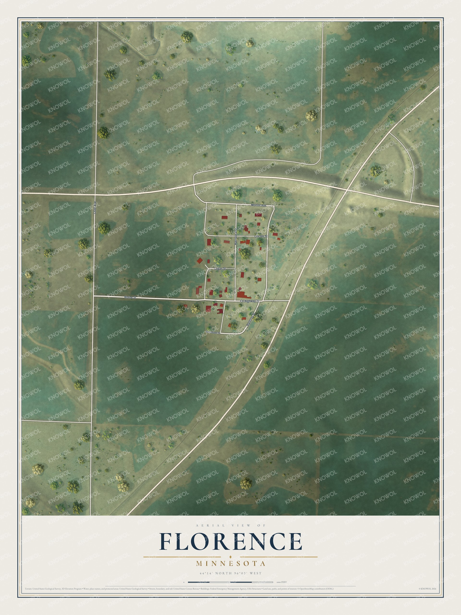 Full map of Florence, Minnesota, with red buildings, printed street names and the land around them