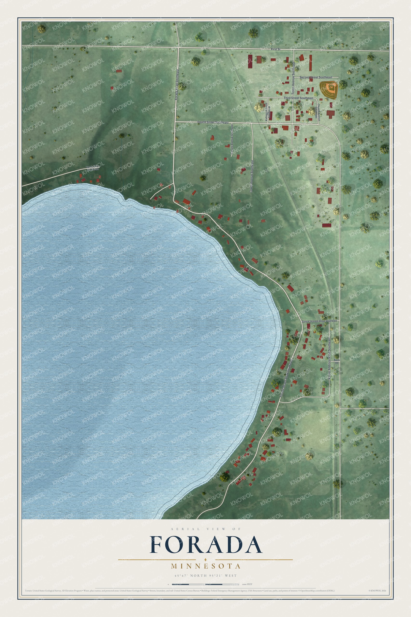 Full map of Forada, Minnesota, with red buildings, printed street names and the land around them