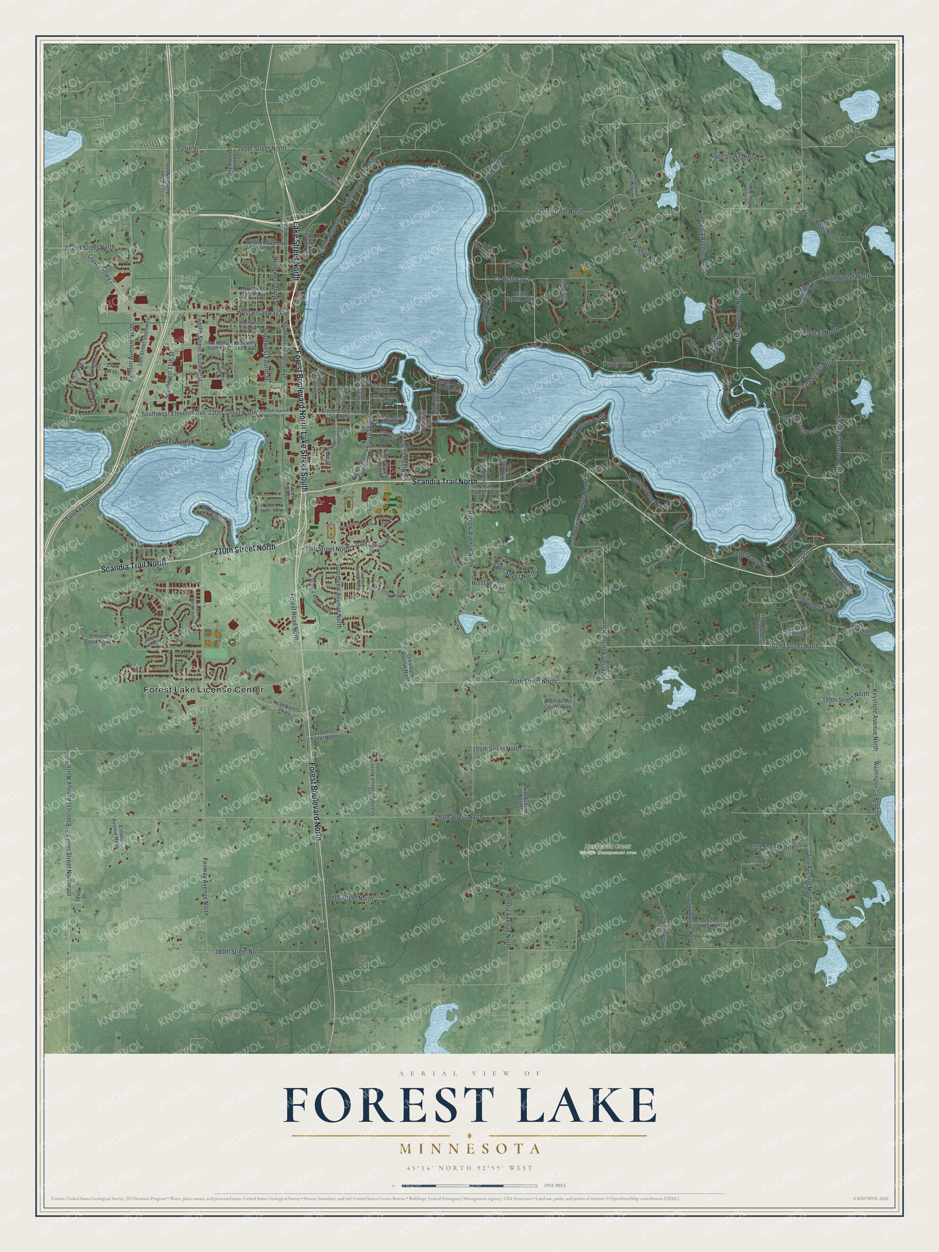 Full map of Forest Lake, Minnesota, with red buildings, printed street names and the land around them