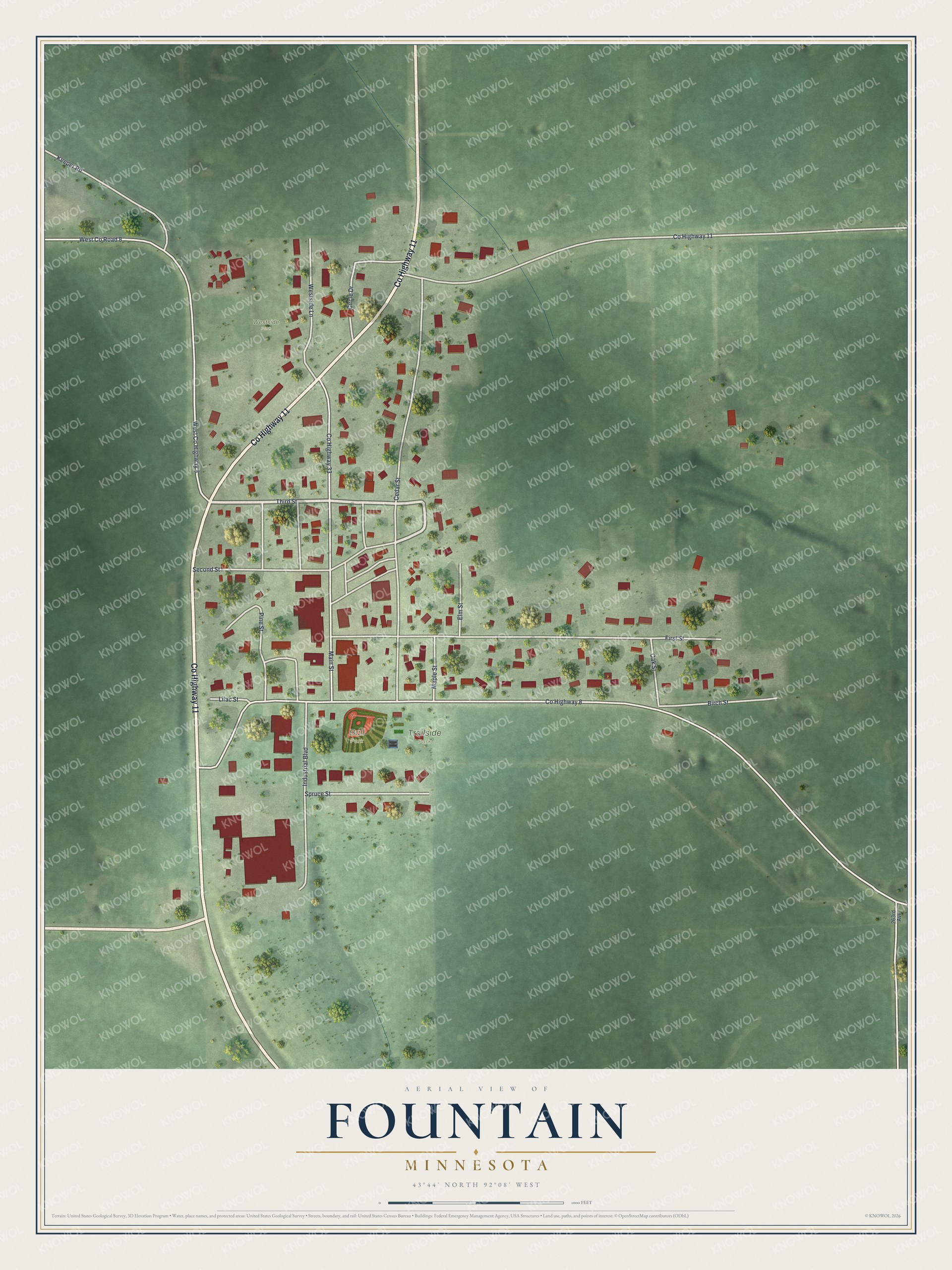 Full map of Fountain, Minnesota, with red buildings, printed street names and the land around them