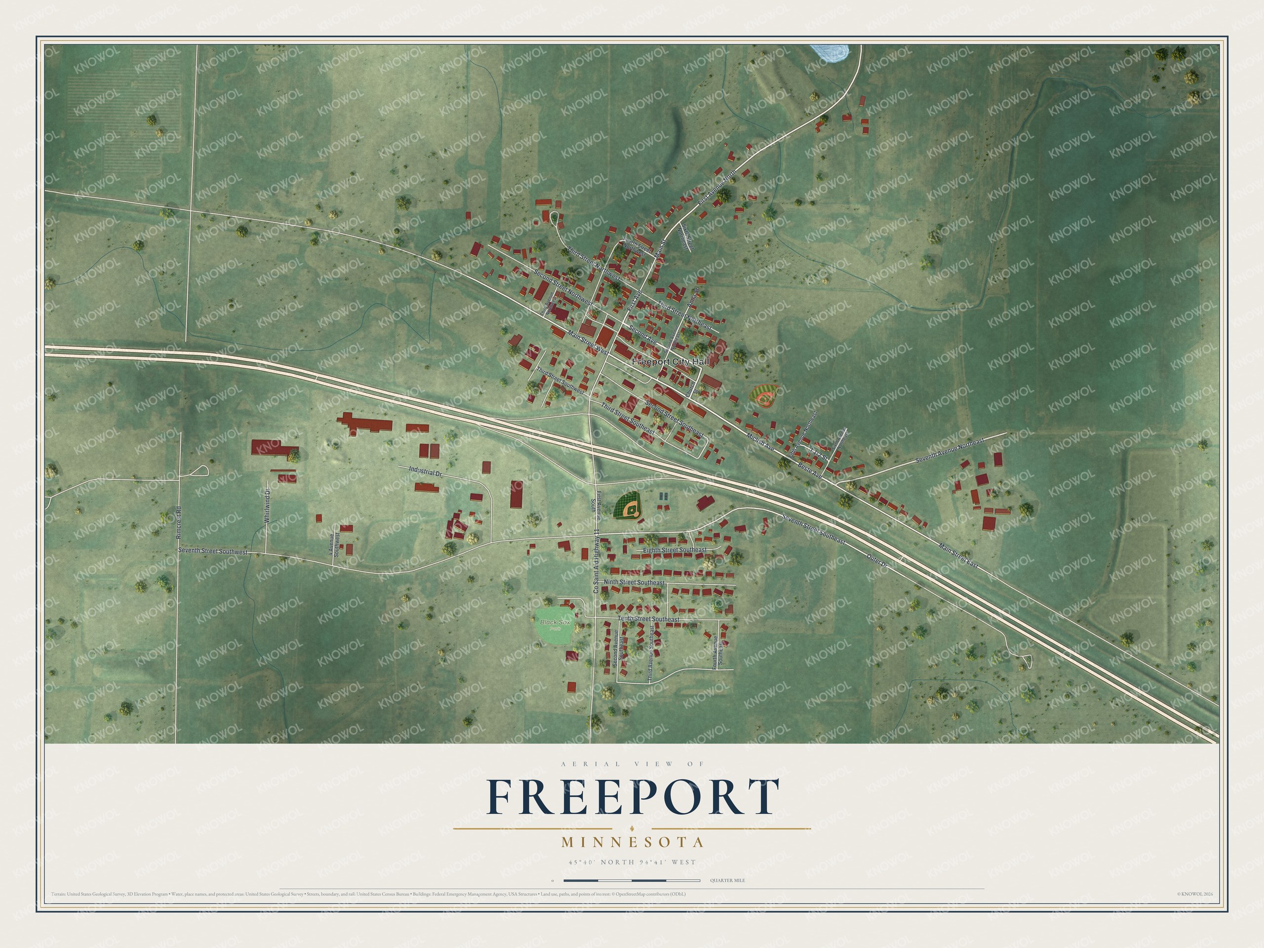 Full map of Freeport, Minnesota, with red buildings, printed street names and the land around them