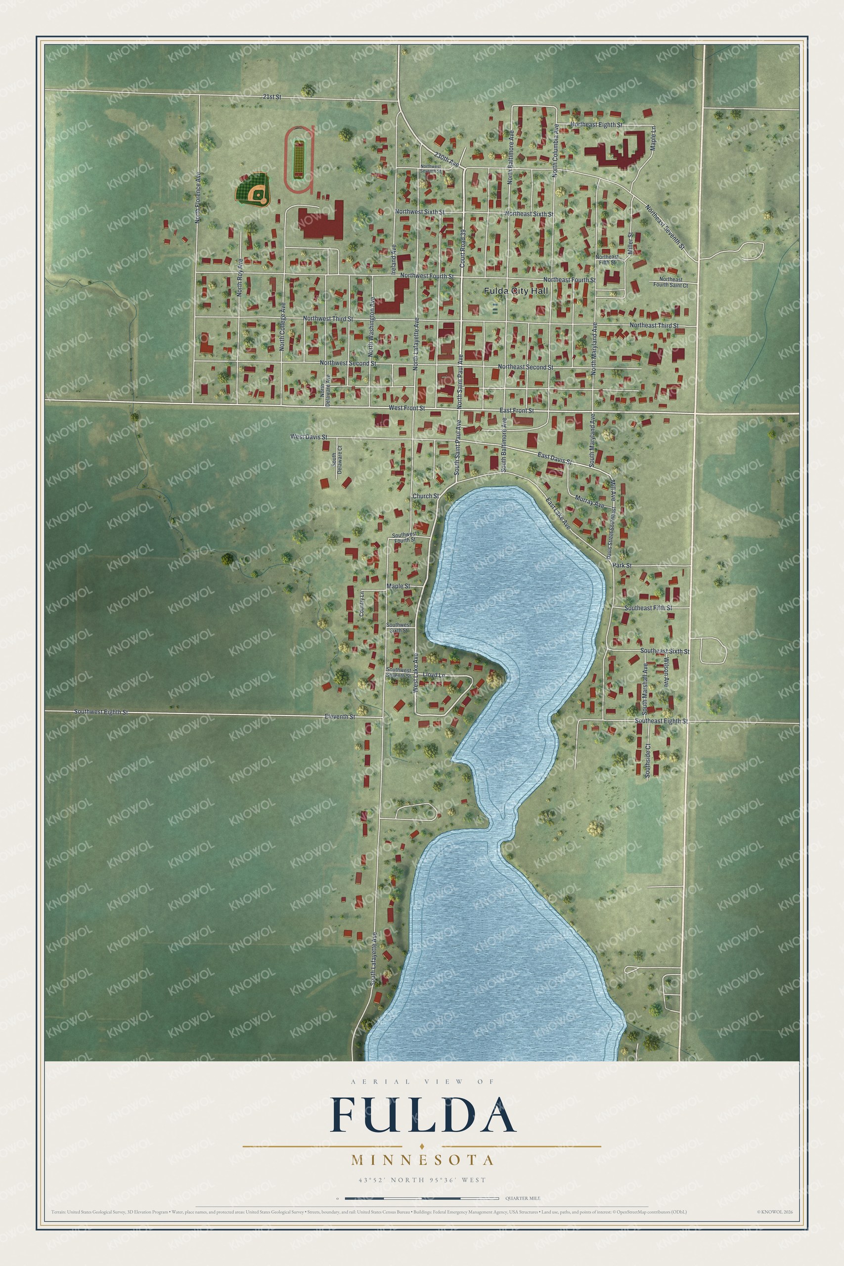 Full map of Fulda, Minnesota, with red buildings, printed street names and the land around them