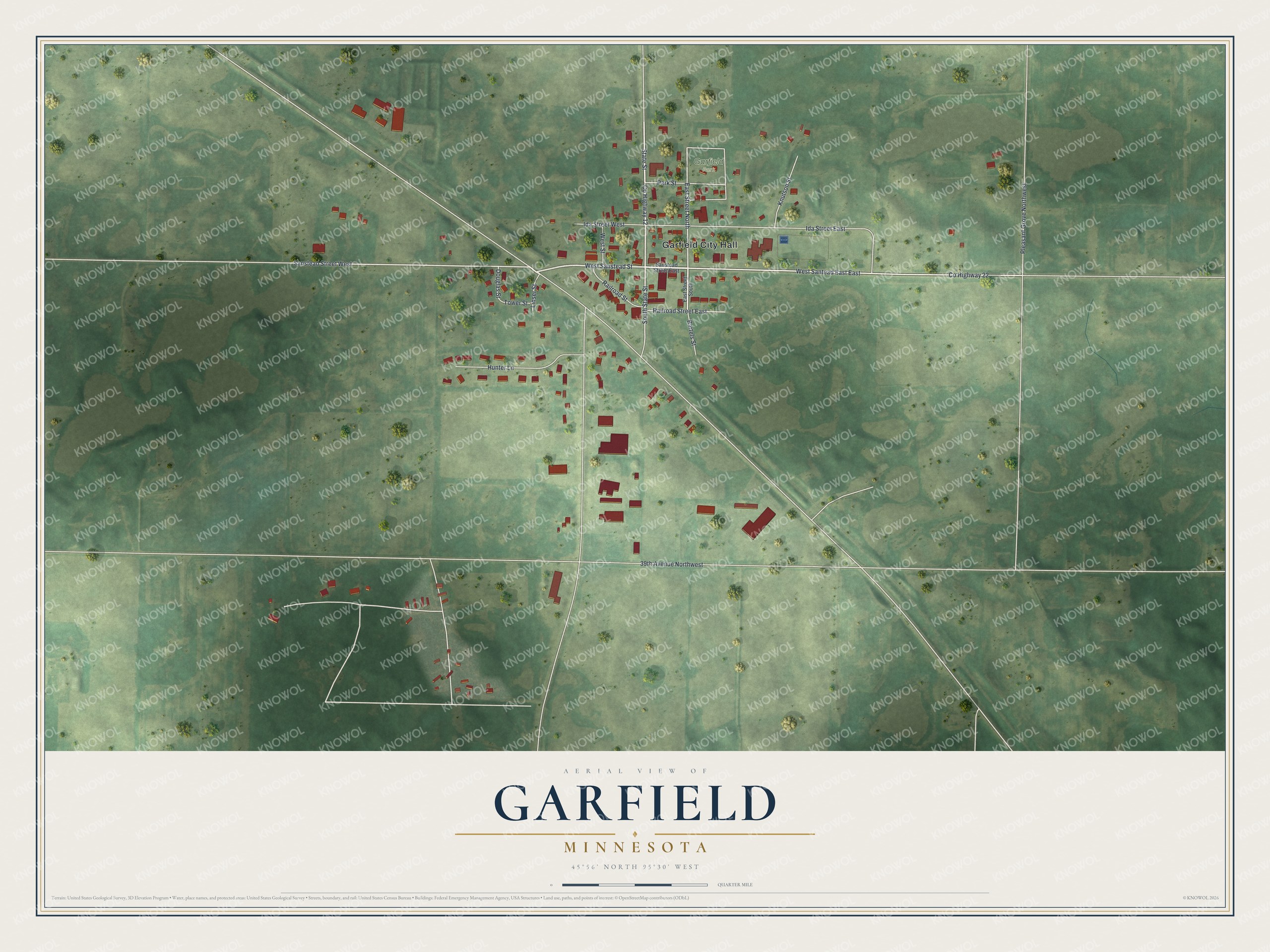 Full map of Garfield, Minnesota, with red buildings, printed street names and the land around them
