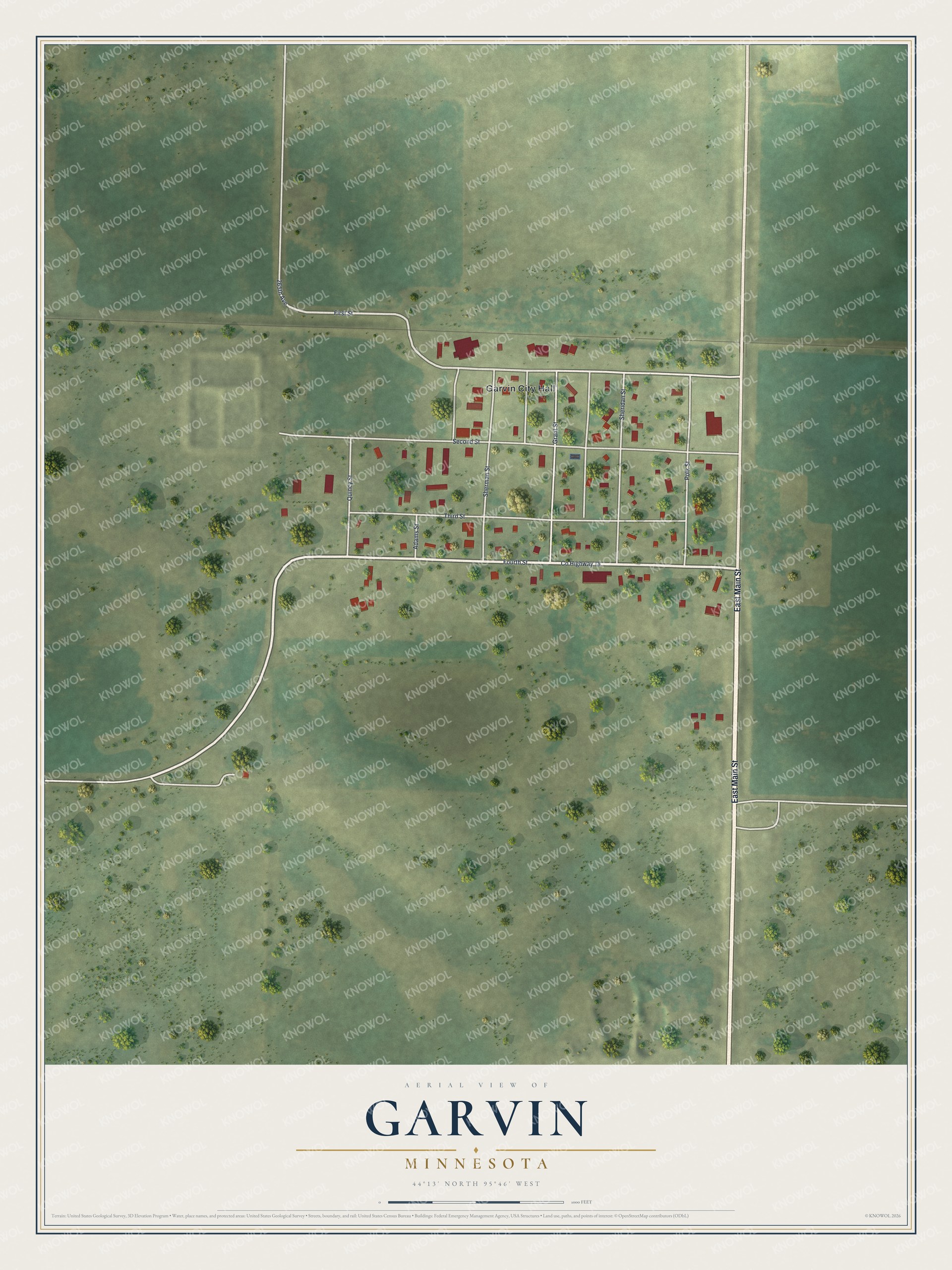 Full map of Garvin, Minnesota, with red buildings, printed street names and the land around them