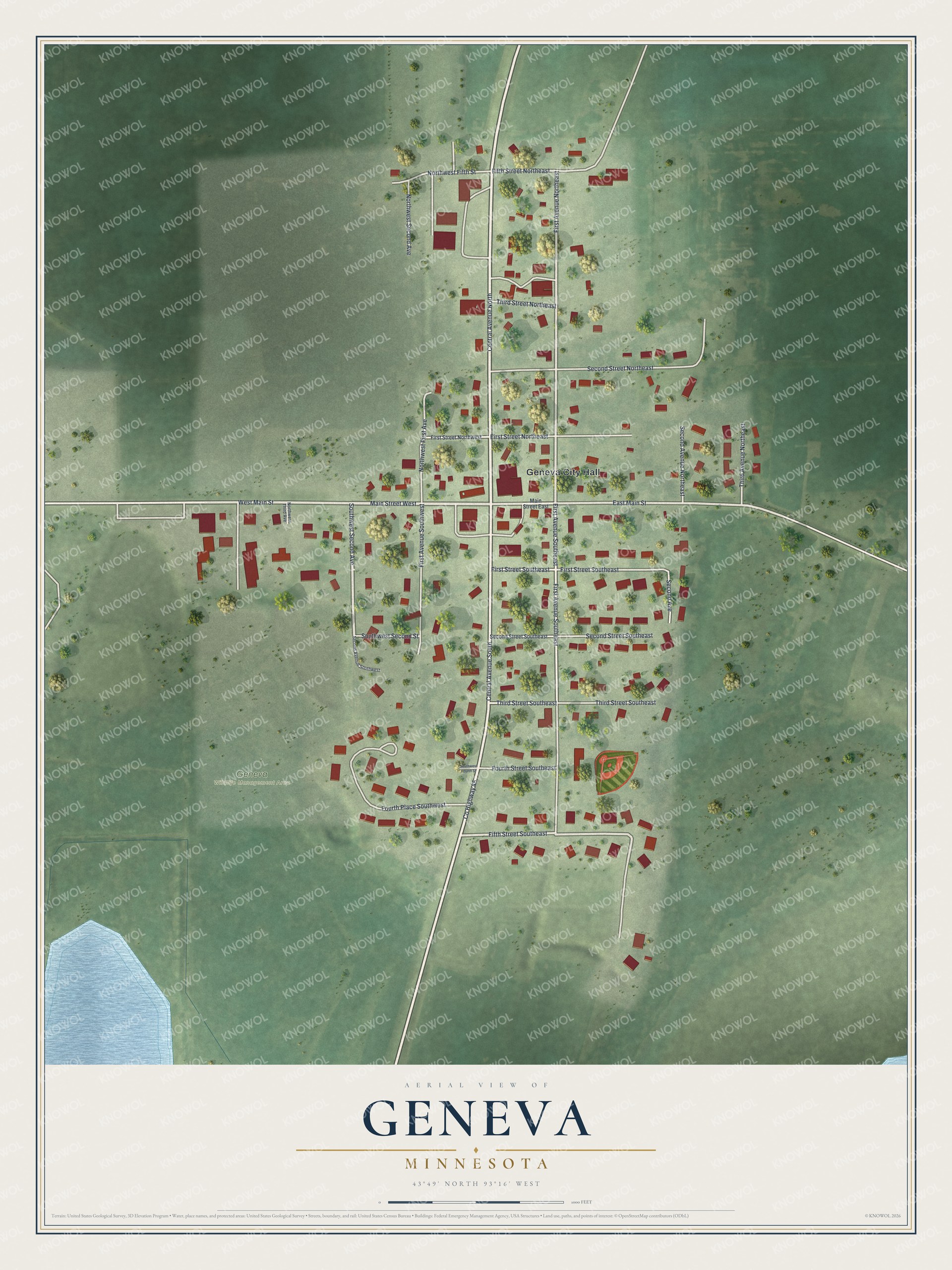 Full map of Geneva, Minnesota, with red buildings, printed street names and the land around them