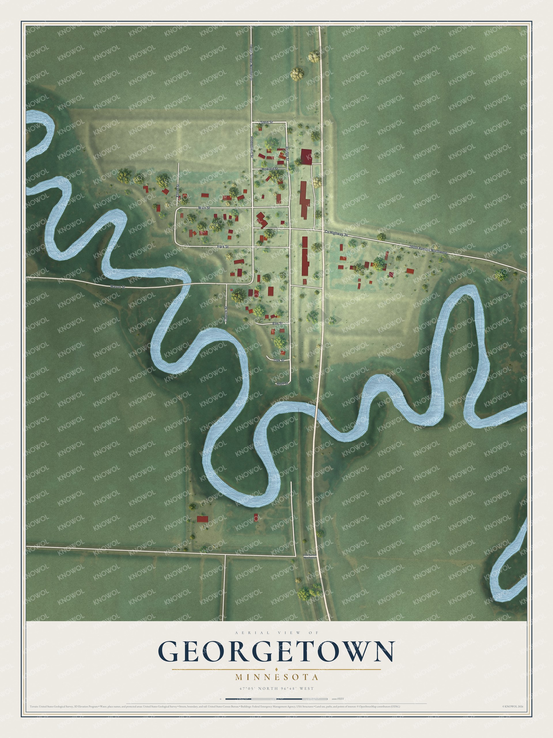 Full map of Georgetown, Minnesota, with red buildings, printed street names and the land around them