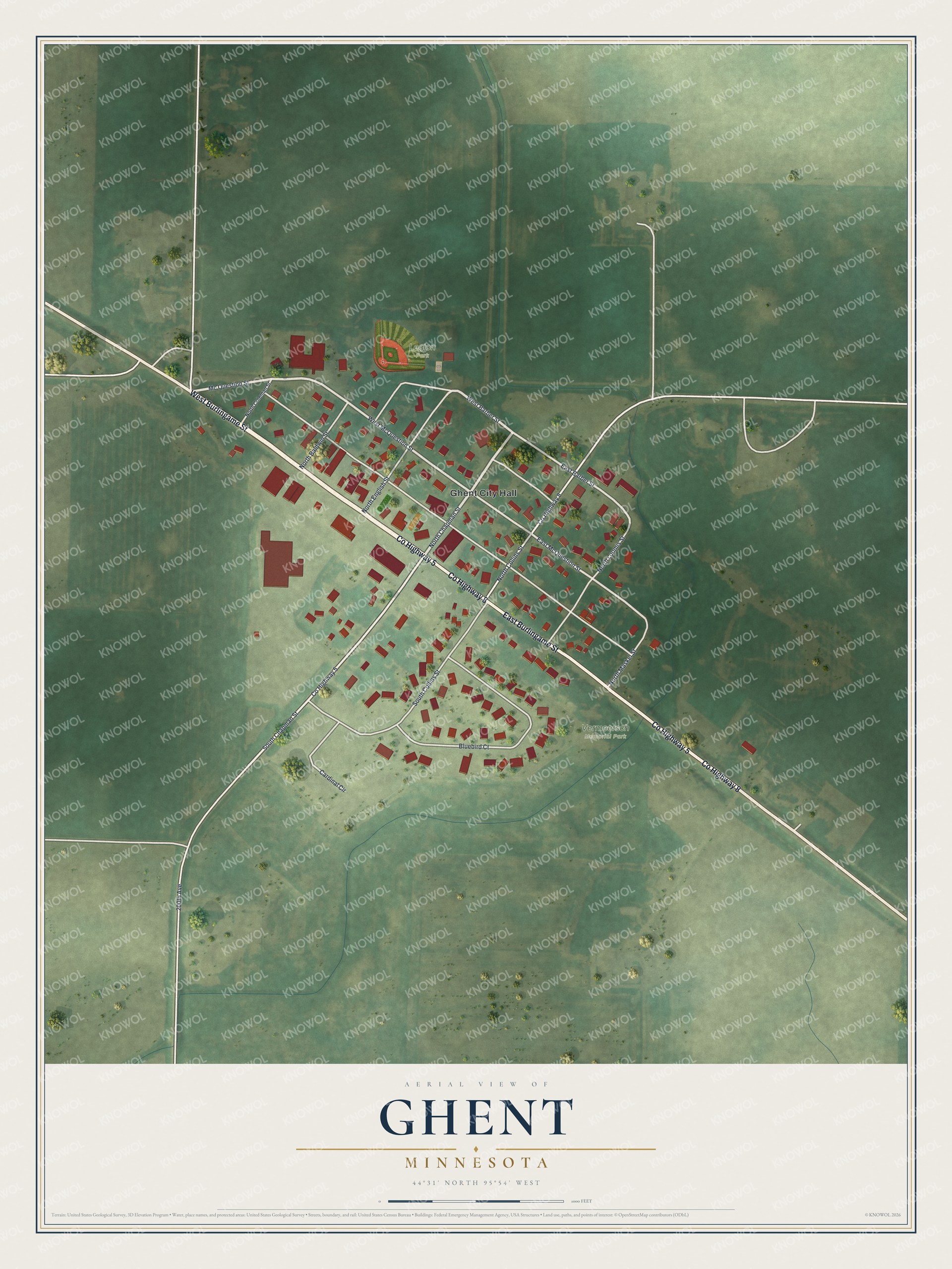 Full map of Ghent, Minnesota, with red buildings, printed street names and the land around them