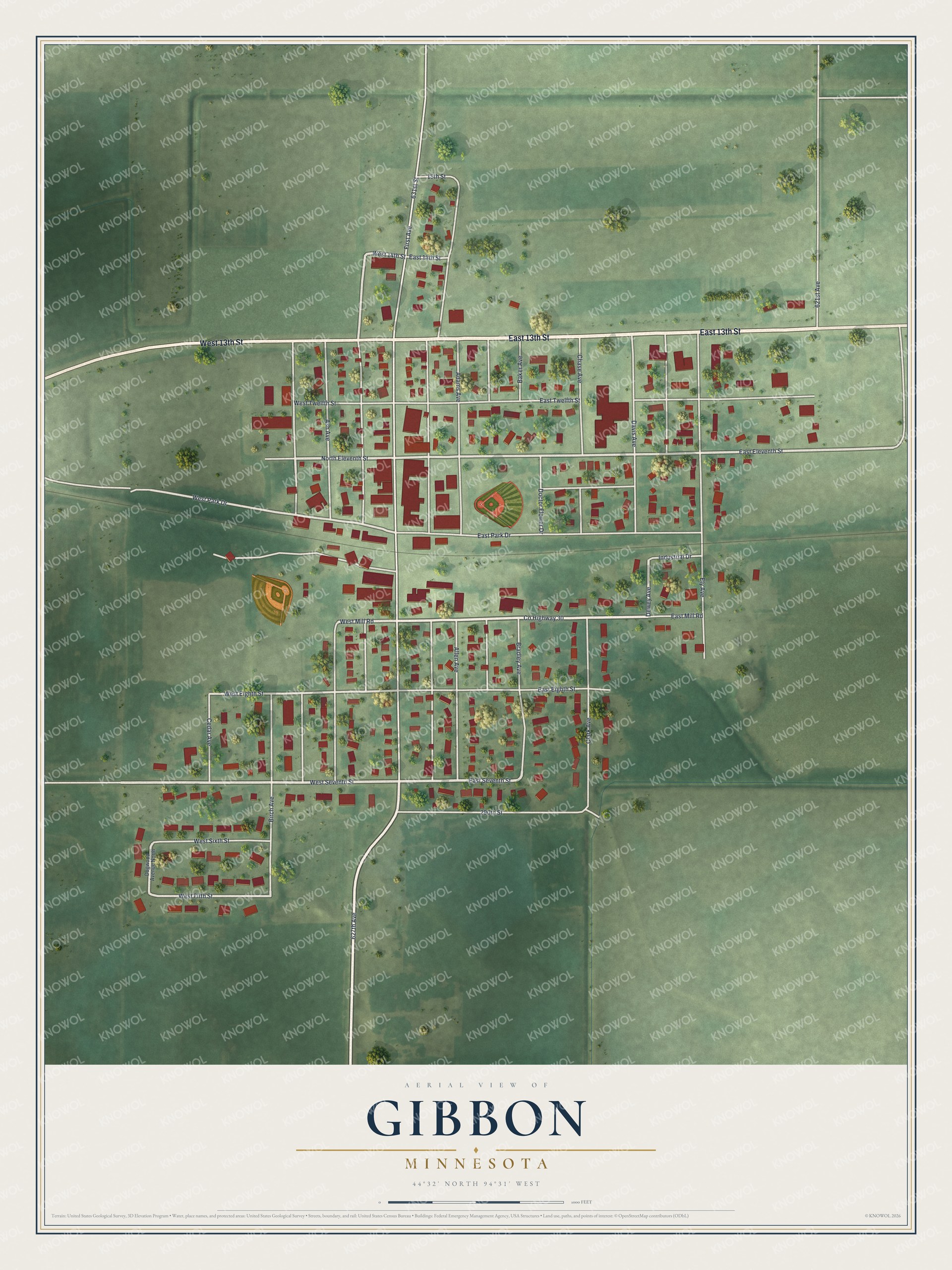 Full map of Gibbon, Minnesota, with red buildings, printed street names and the land around them