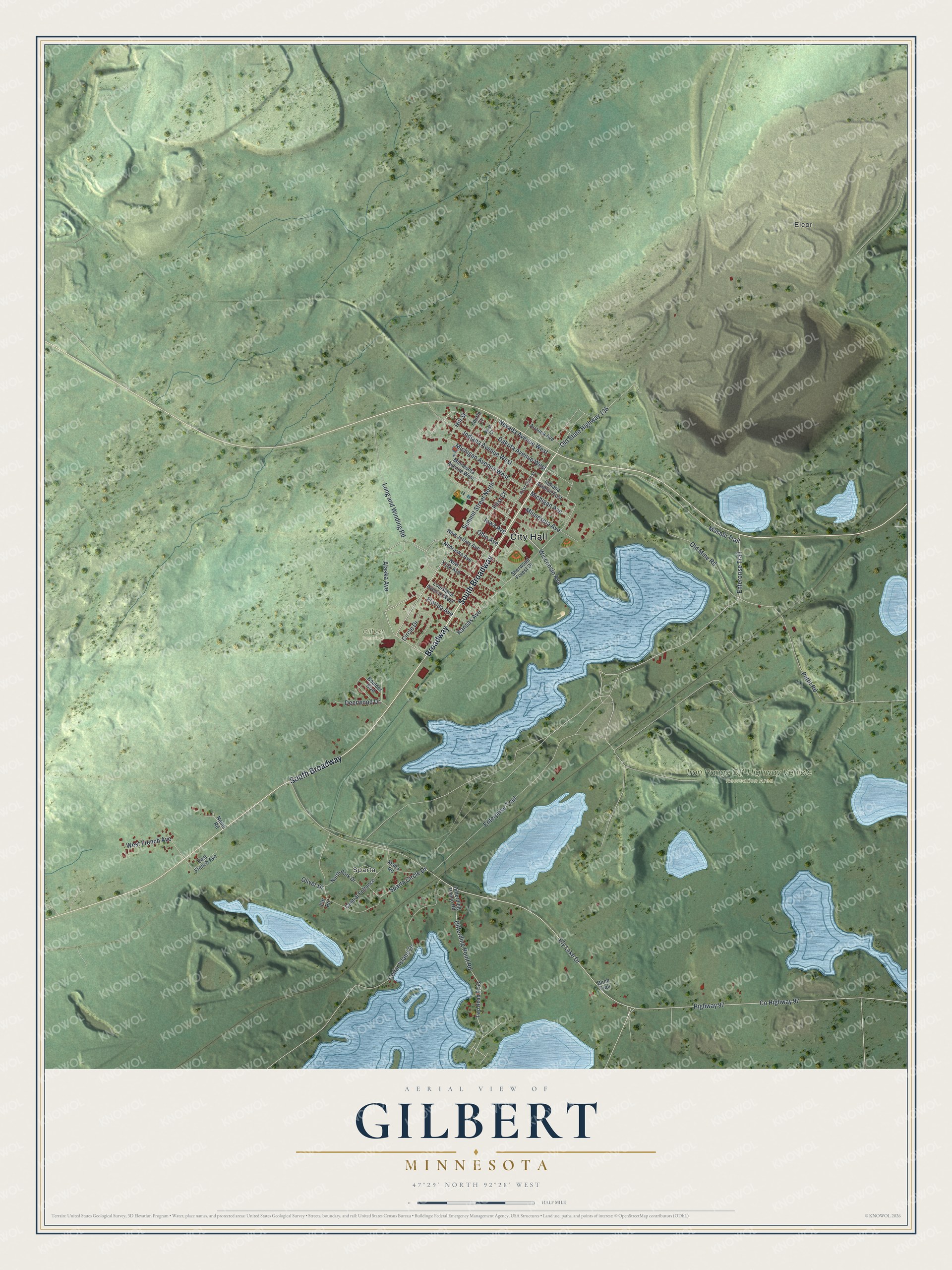 Full map of Gilbert, Minnesota, with red buildings, printed street names and the land around them