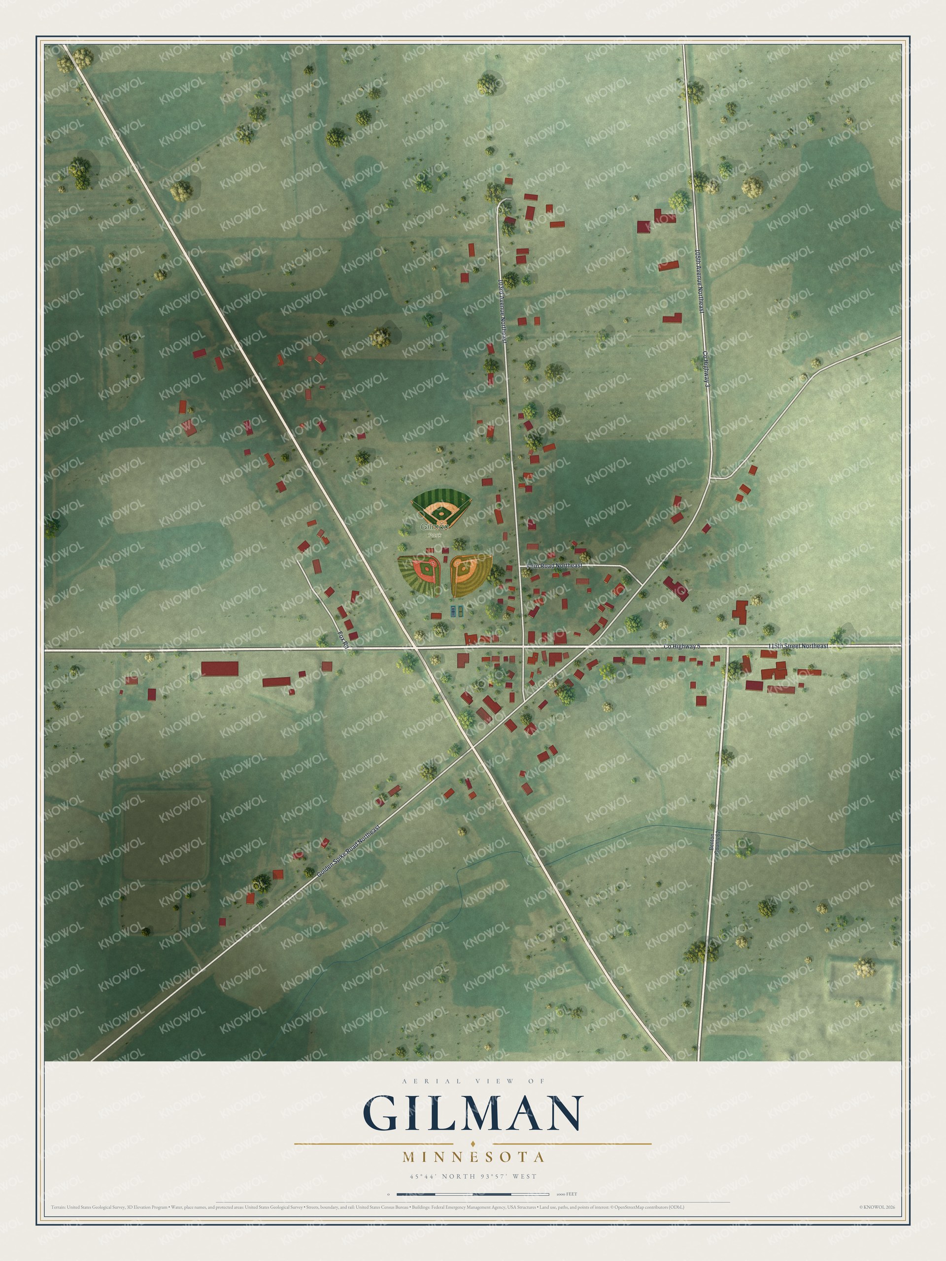Full map of Gilman, Minnesota, with red buildings, printed street names and the land around them