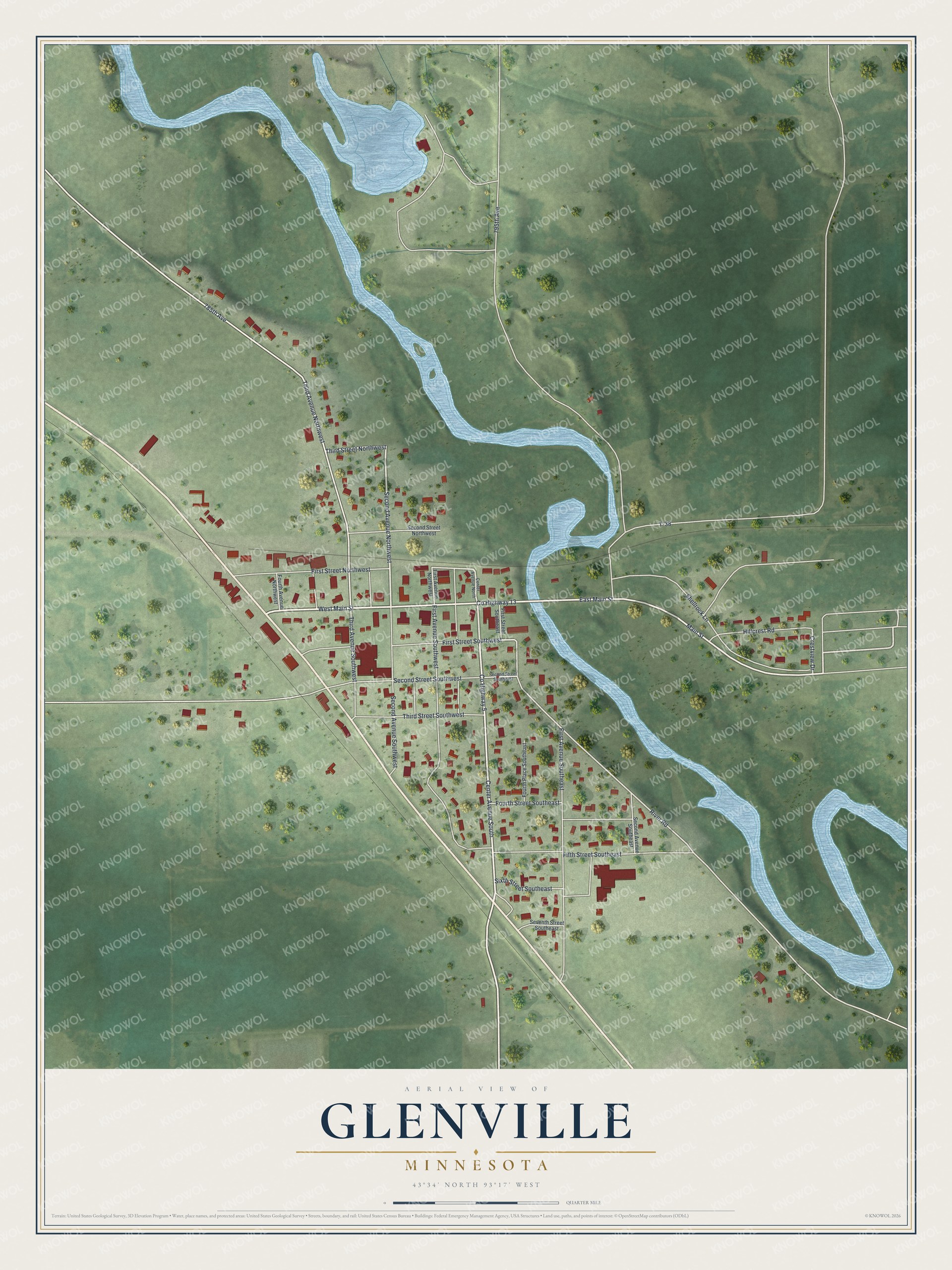 Full map of Glenville, Minnesota, with red buildings, printed street names and the land around them