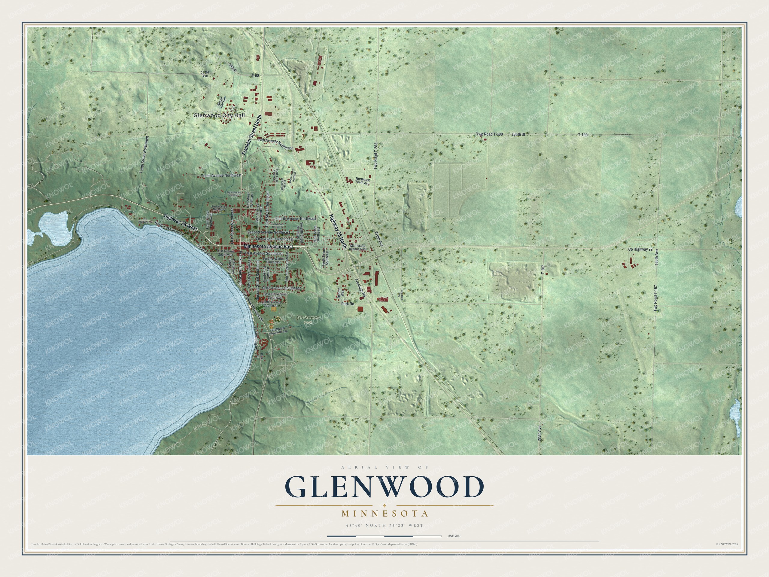 Full map of Glenwood, Minnesota, with red buildings, printed street names and the land around them