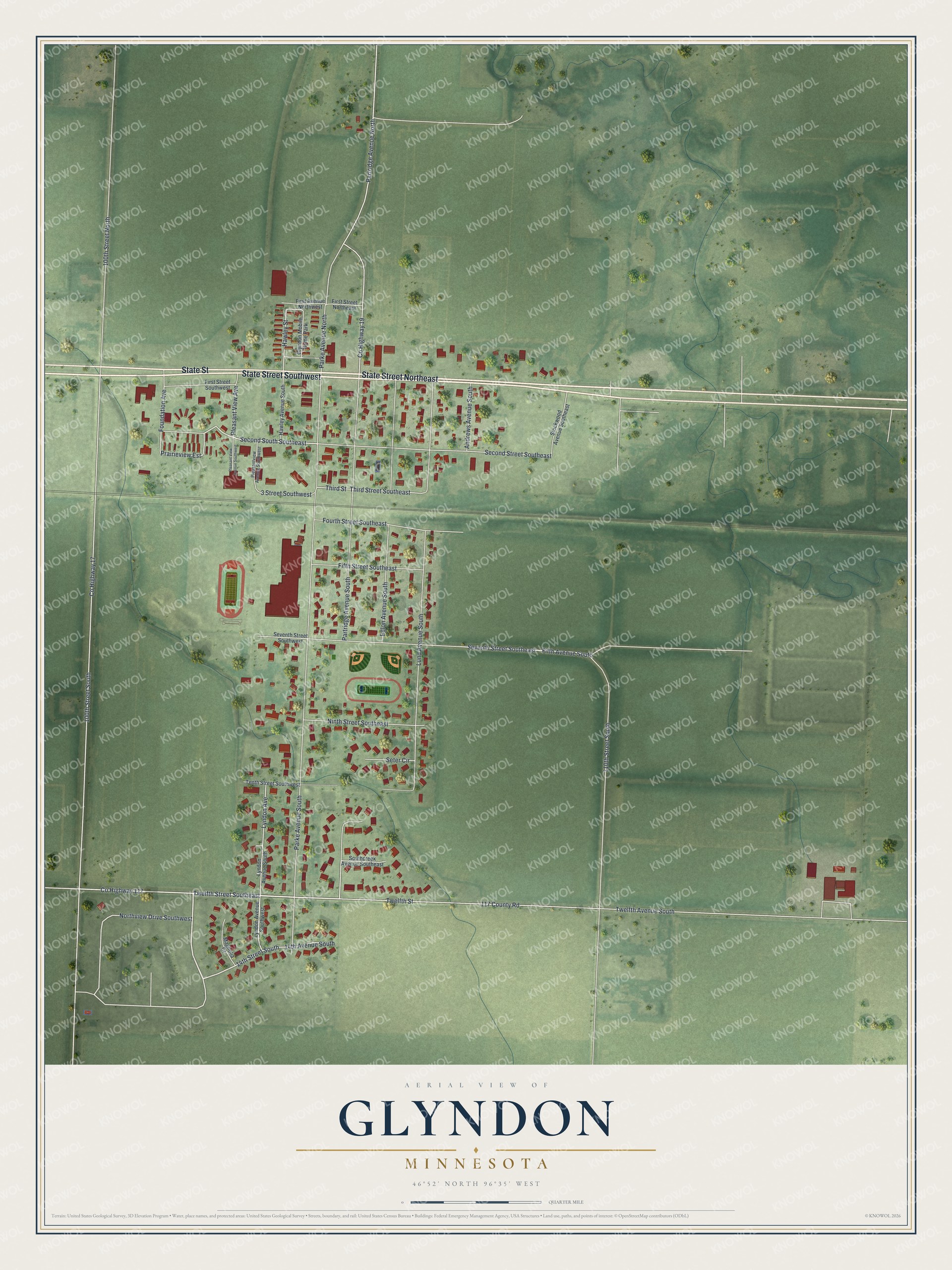Full map of Glyndon, Minnesota, with red buildings, printed street names and the land around them