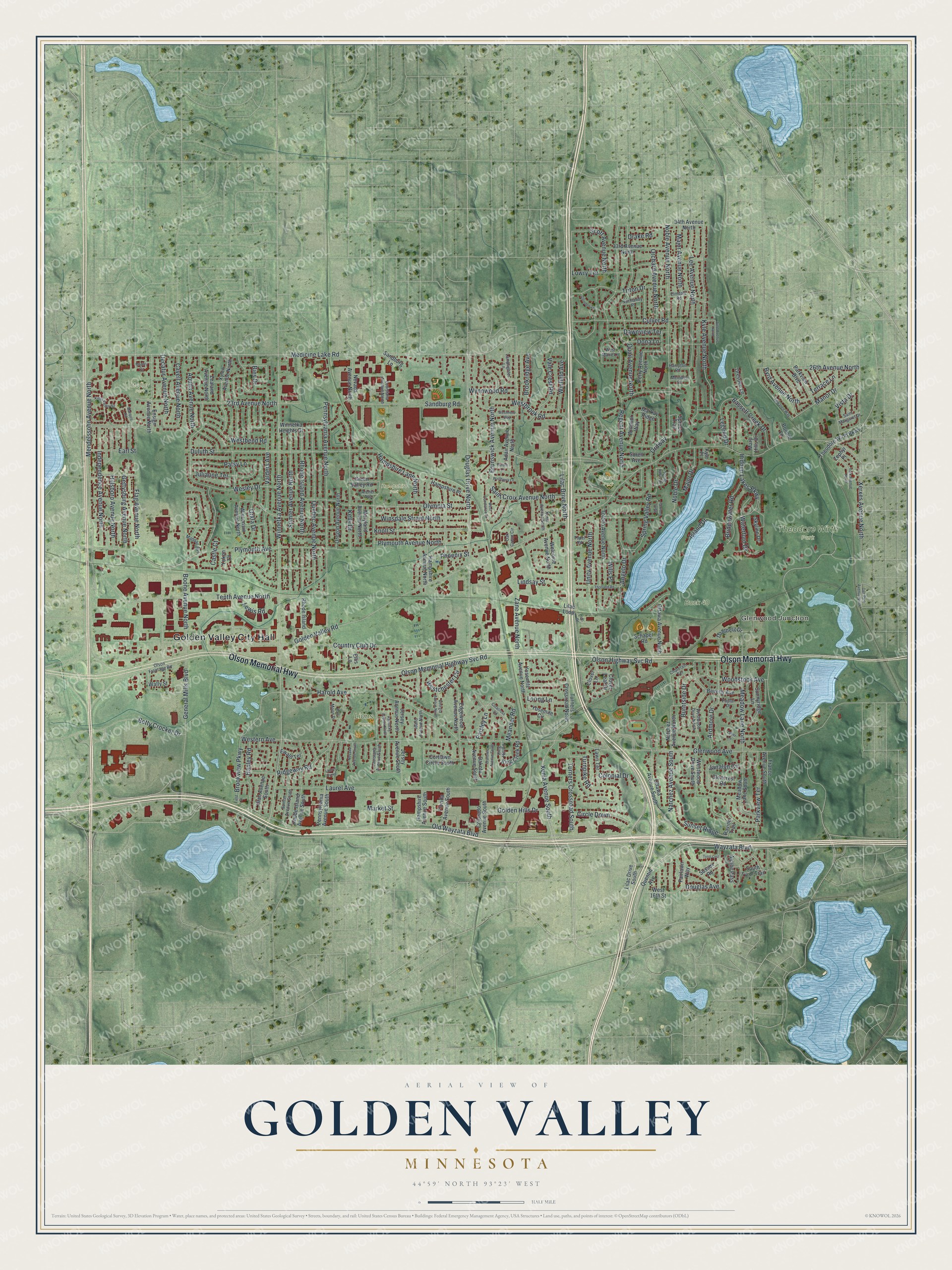 Full map of Golden Valley, Minnesota, with red buildings, printed street names and the land around them