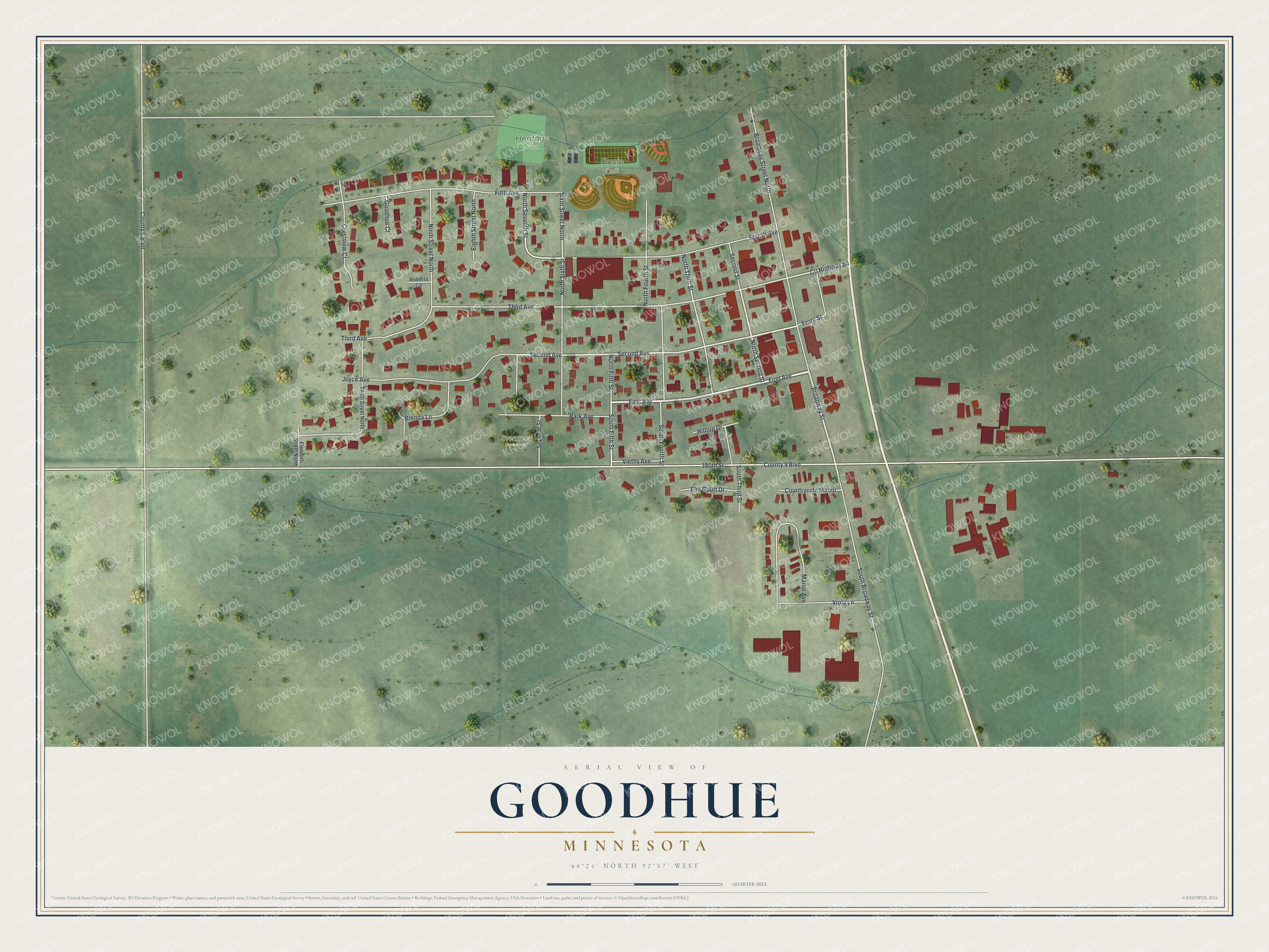 Full map of Goodhue, Minnesota, with red buildings, printed street names and the land around them