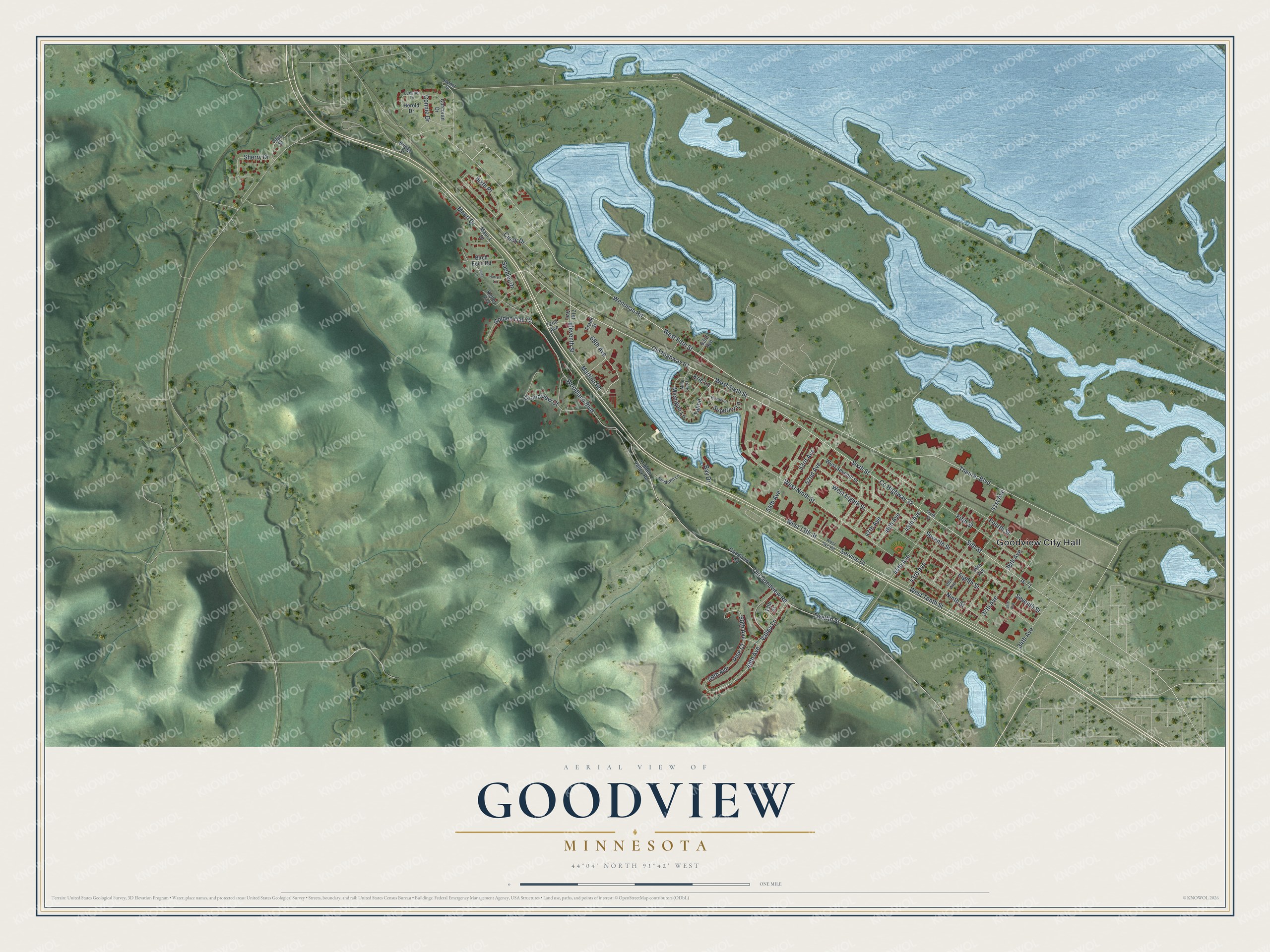 Full map of Goodview, Minnesota, with red buildings, printed street names and the land around them