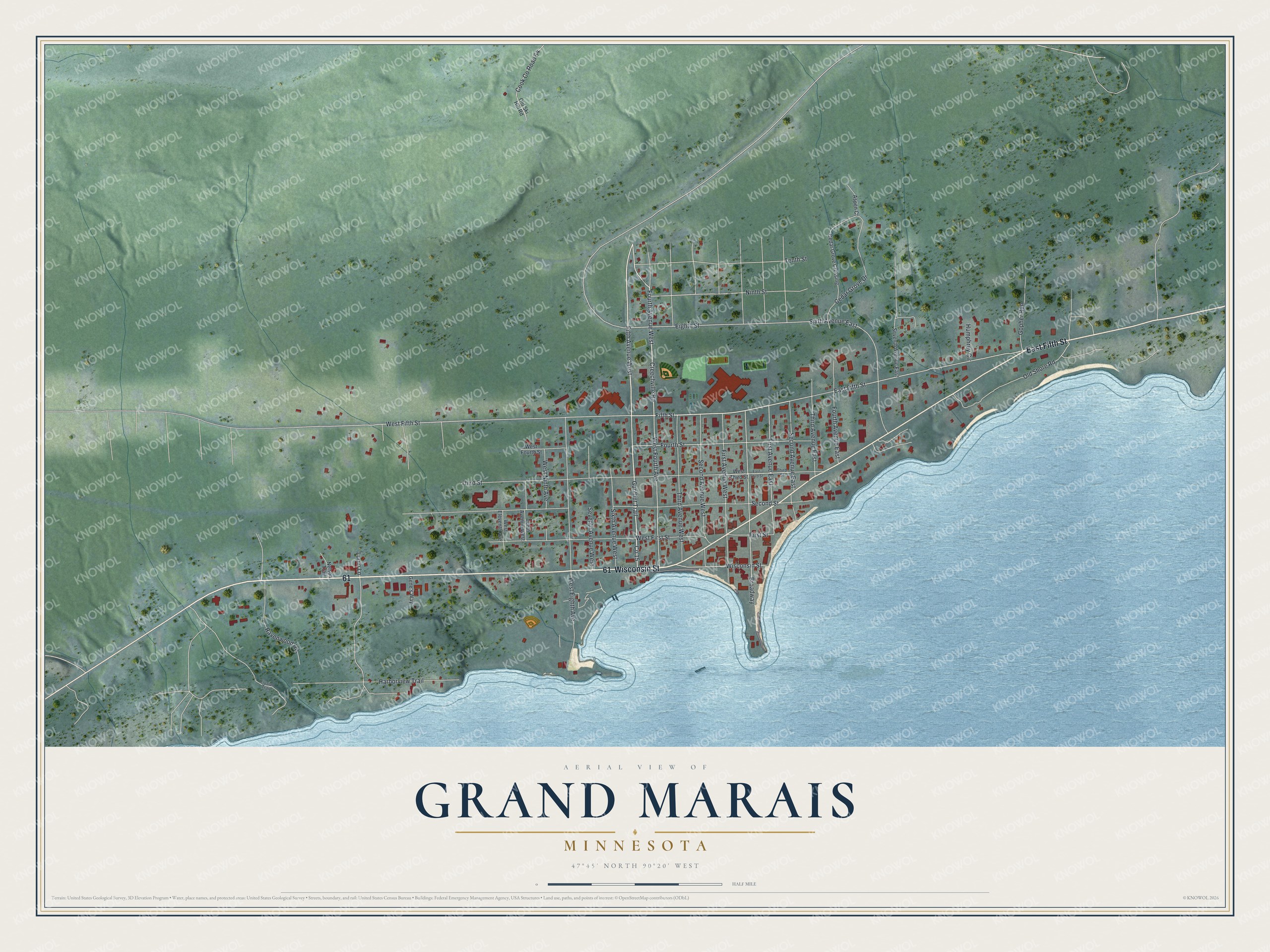 Full map of Grand Marais, Minnesota, with red buildings, printed street names and the land around them