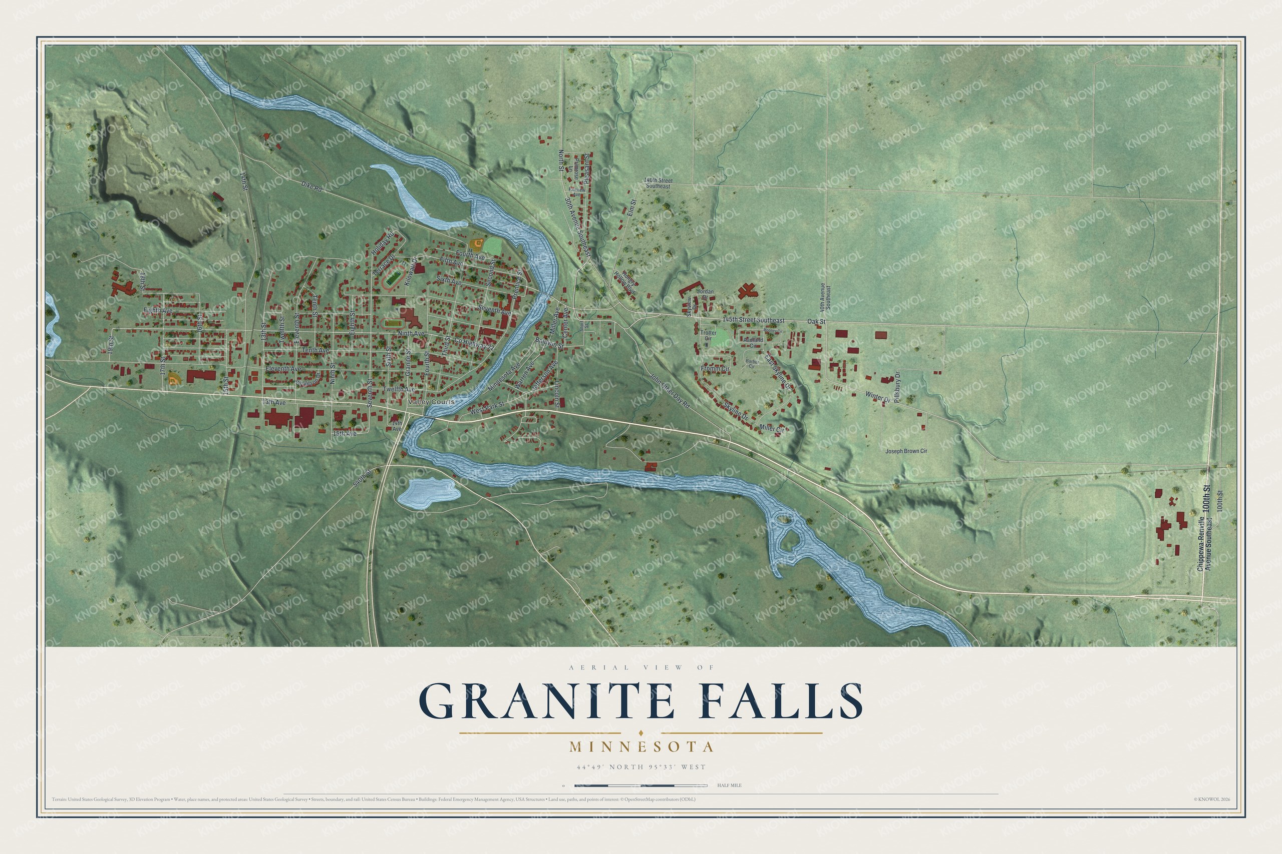 Full map of Granite Falls, Minnesota, with red buildings, printed street names and the land around them