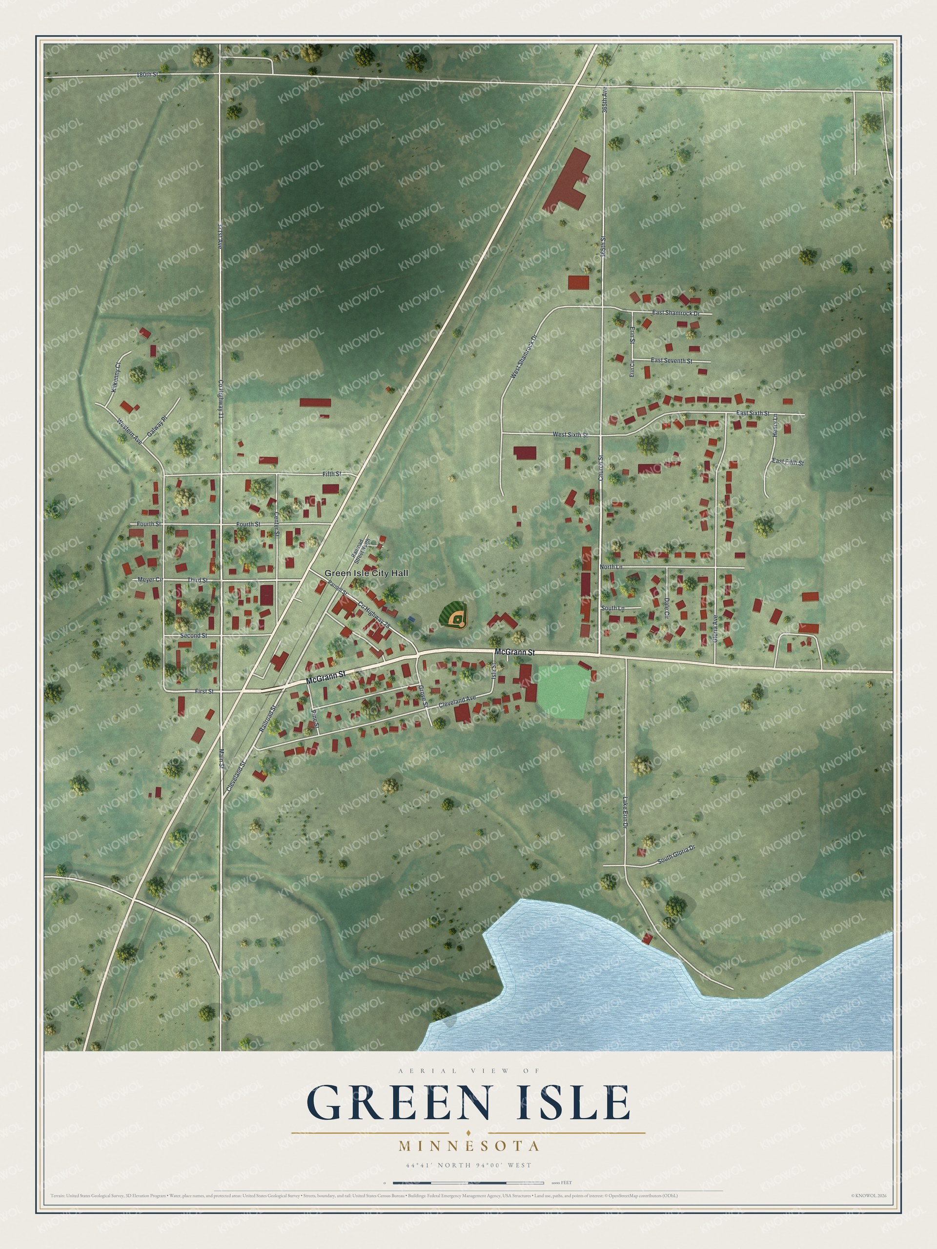 Full map of Green Isle, Minnesota, with red buildings, printed street names and the land around them
