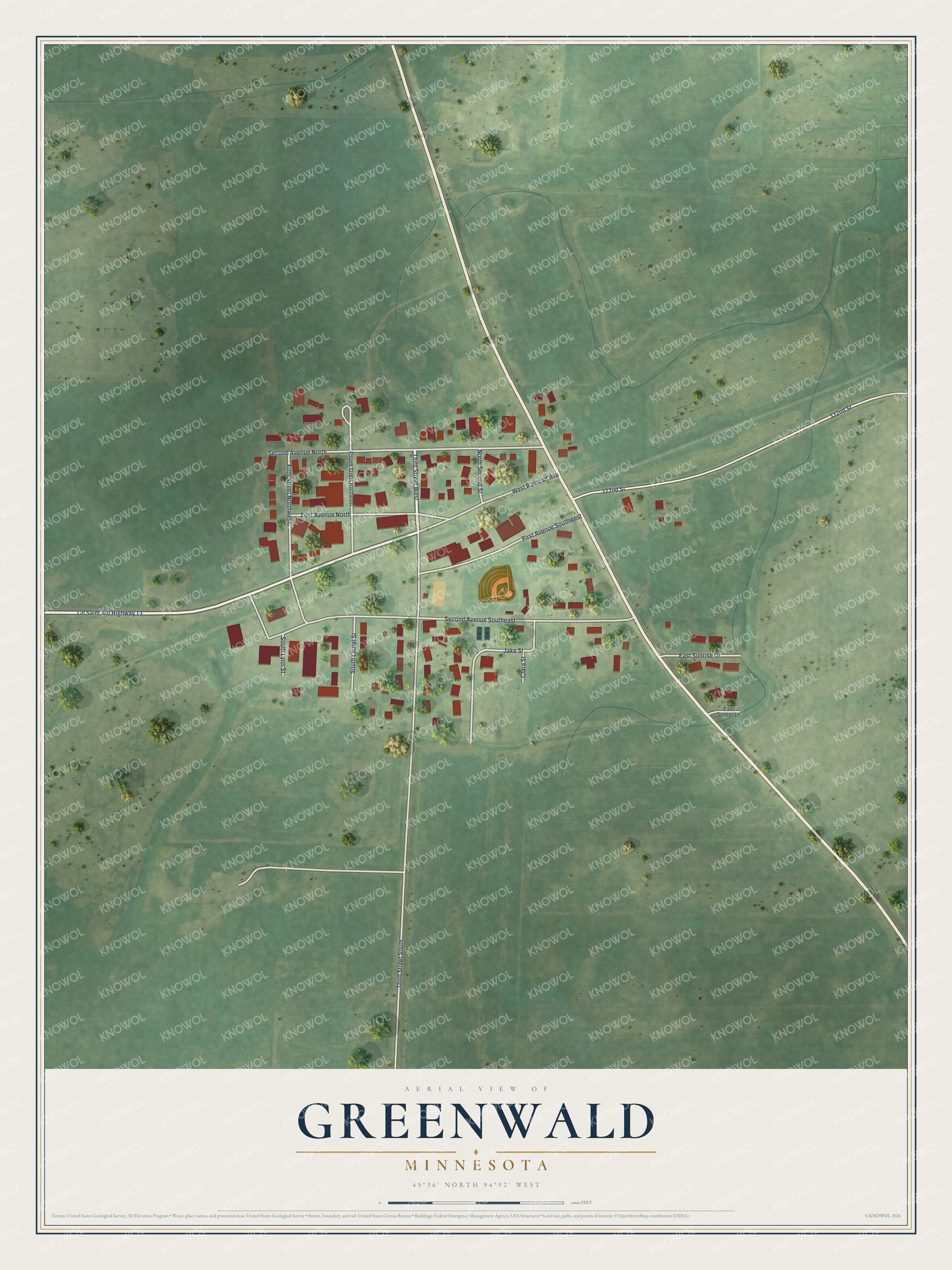 Full map of Greenwald, Minnesota, with red buildings, printed street names and the land around them