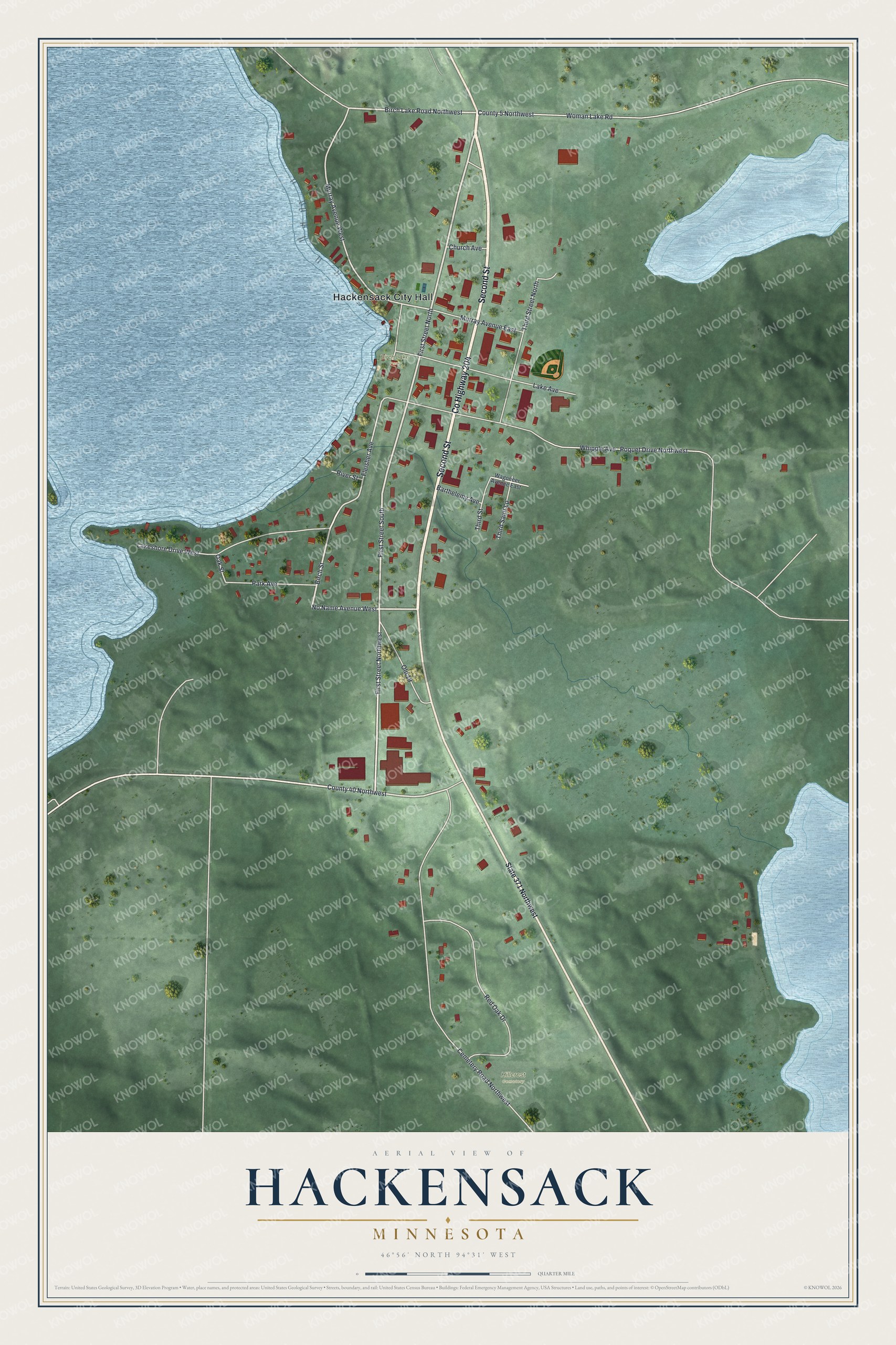 Full map of Hackensack, Minnesota, with red buildings, printed street names and the land around them