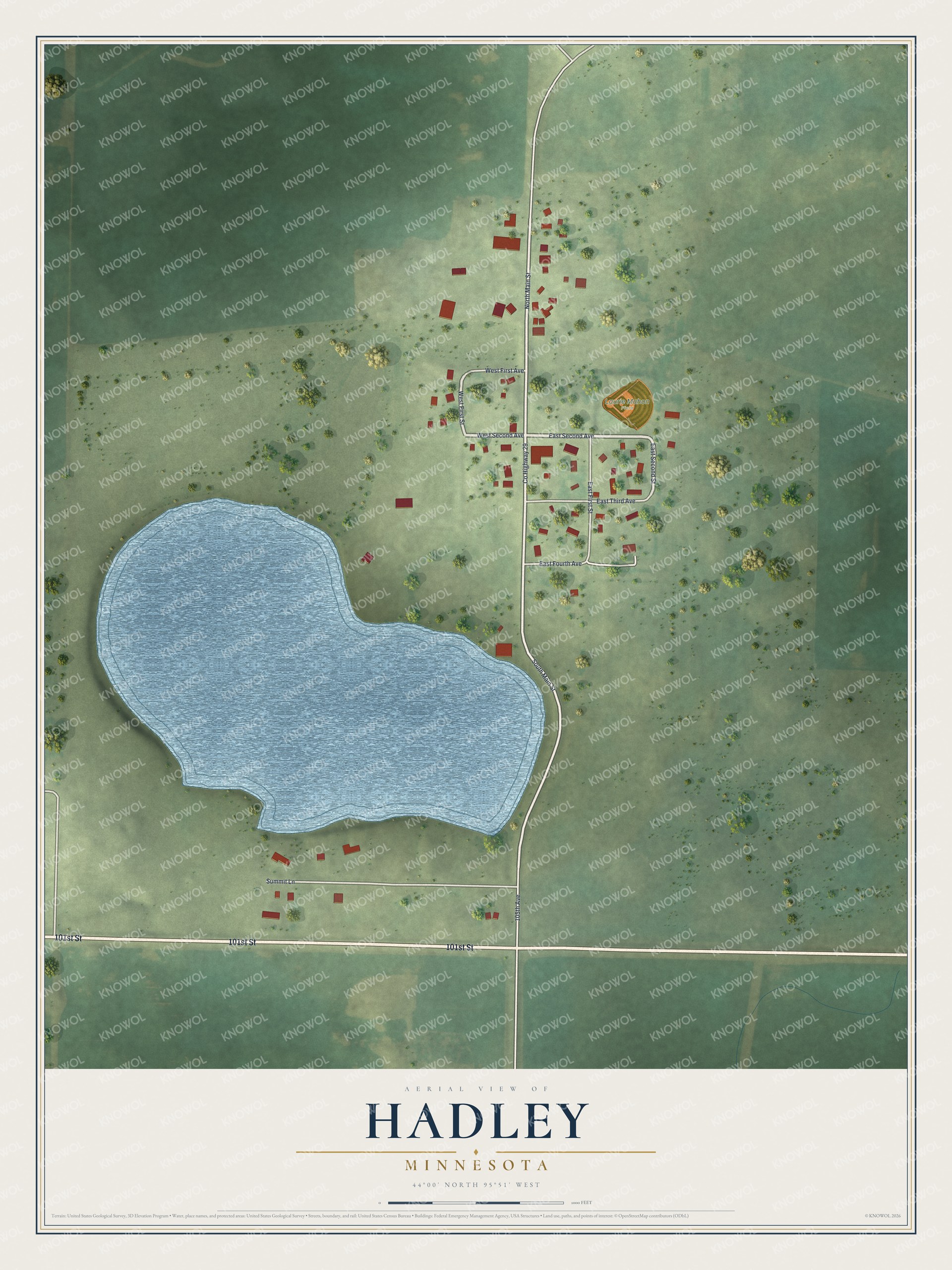 Full map of Hadley, Minnesota, with red buildings, printed street names and the land around them