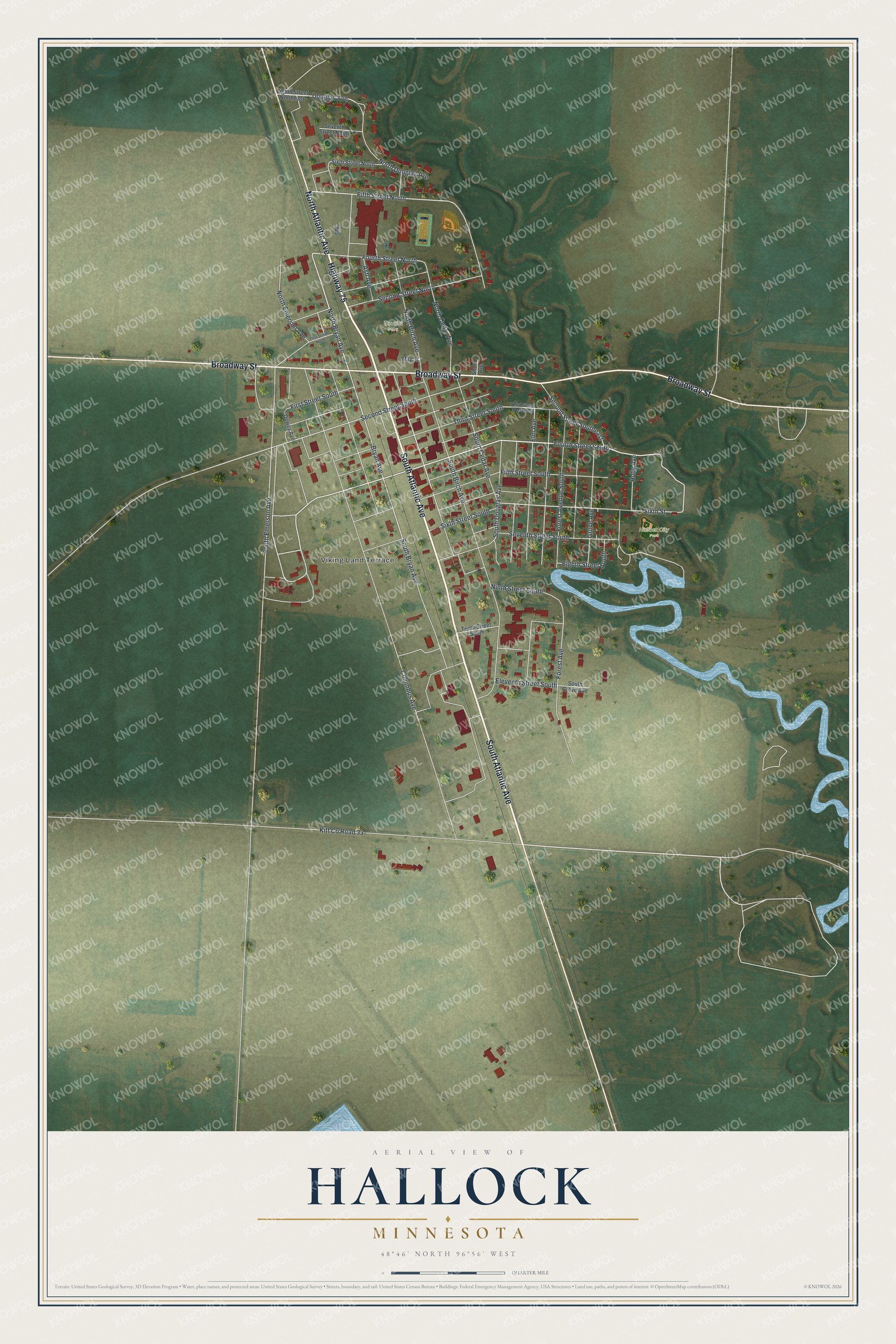 Full map of Hallock, Minnesota, with red buildings, printed street names and the land around them