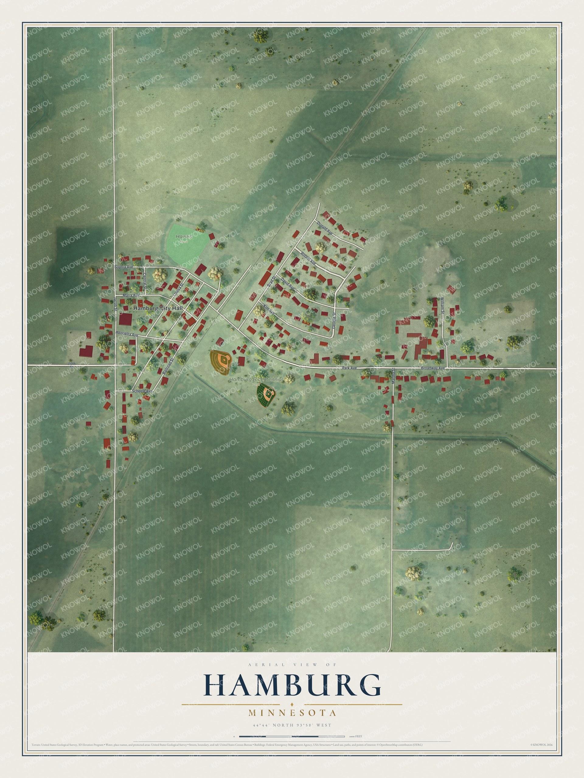 Full map of Hamburg, Minnesota, with red buildings, printed street names and the land around them