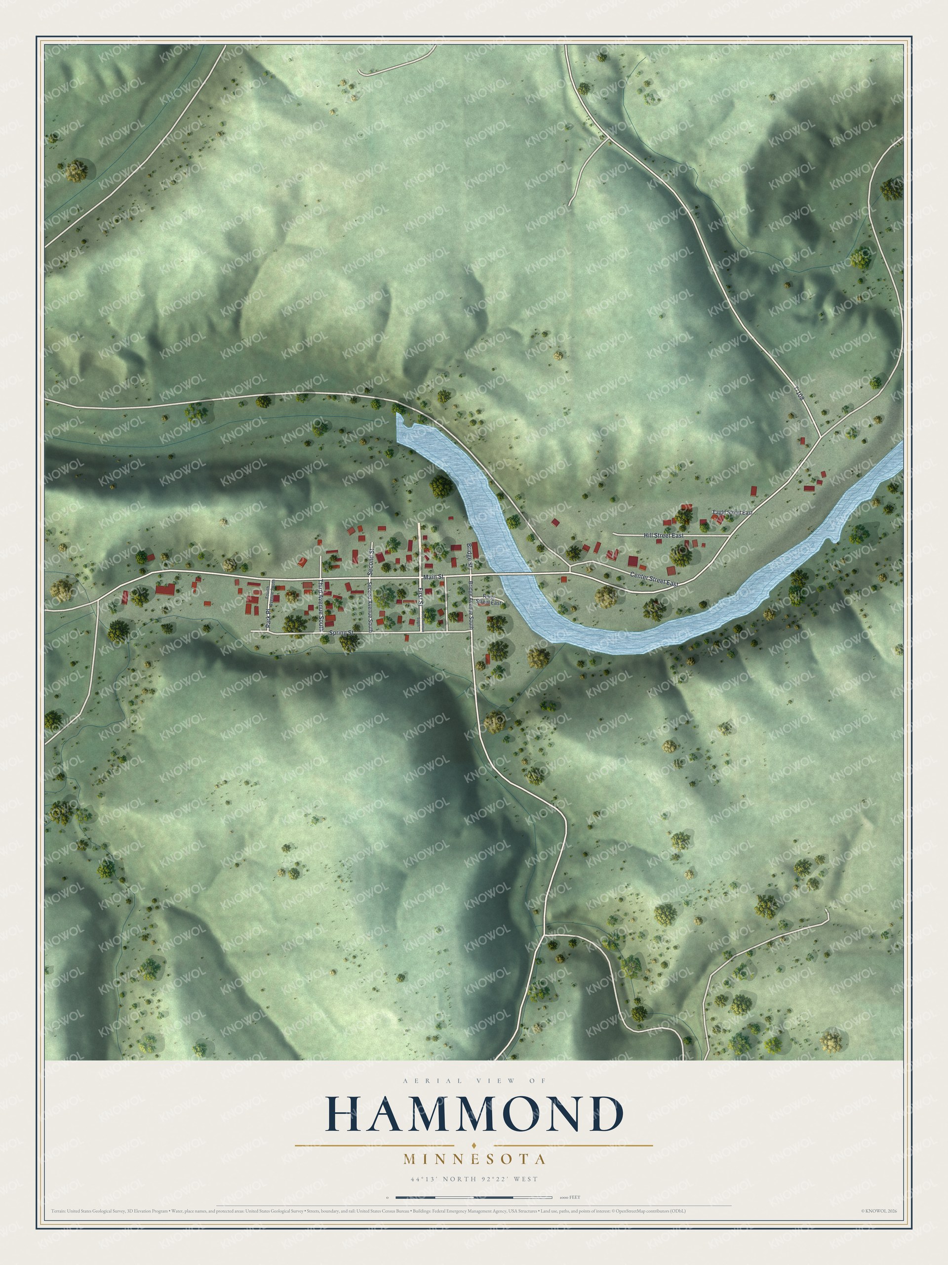 Full map of Hammond, Minnesota, with red buildings, printed street names and the land around them