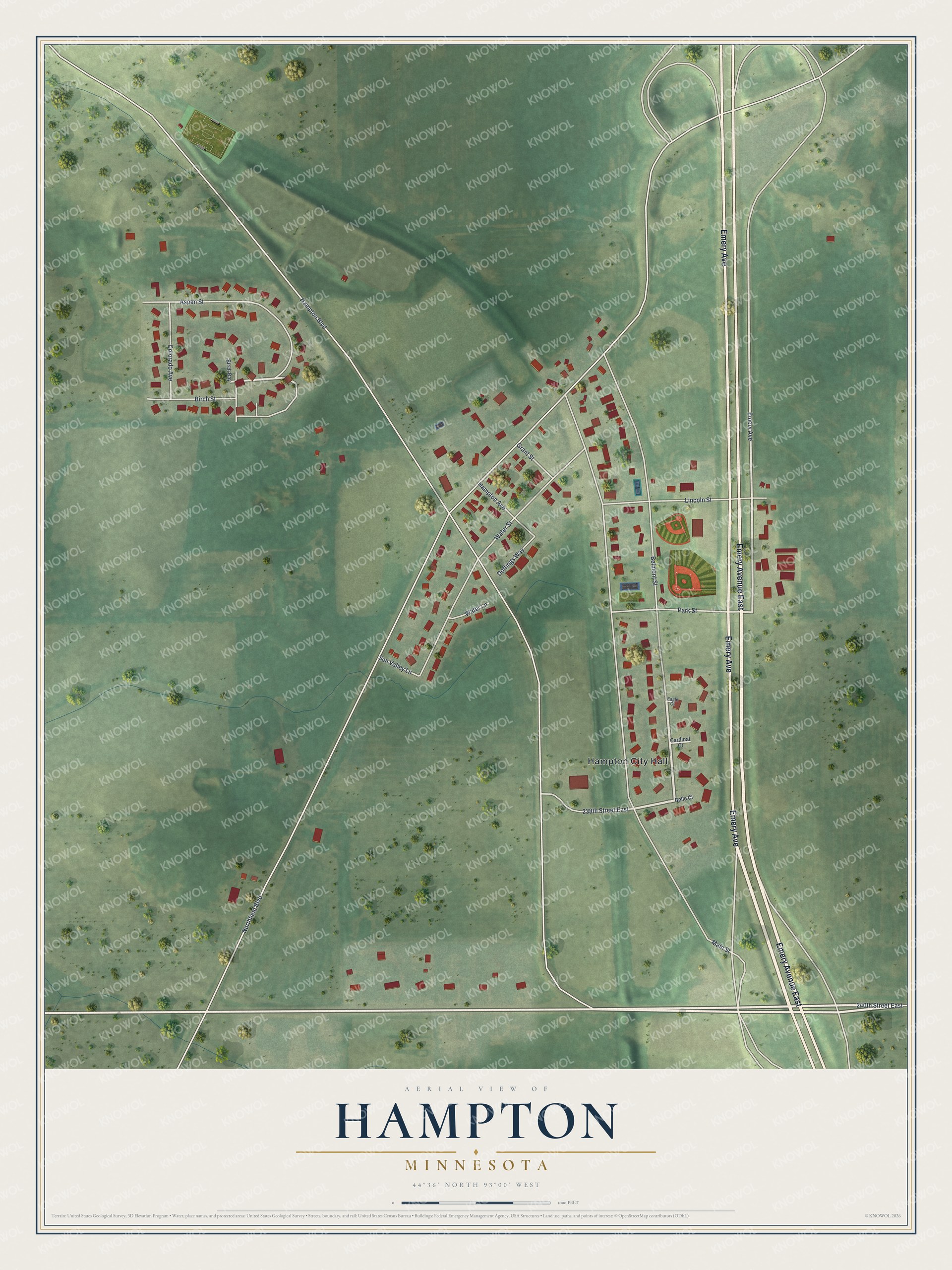 Full map of Hampton, Minnesota, with red buildings, printed street names and the land around them