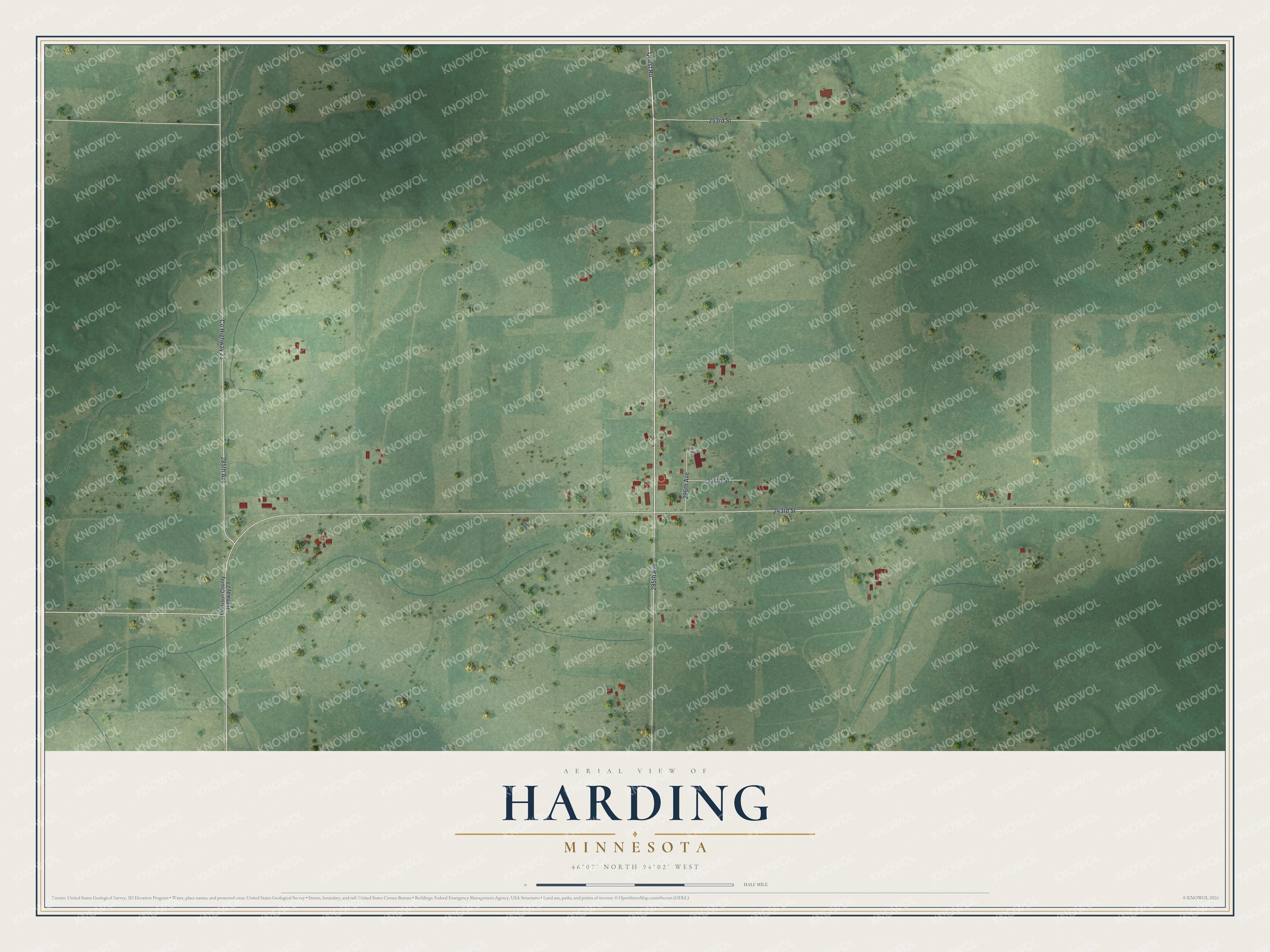 Full map of Harding, Minnesota, with red buildings, printed street names and the land around them