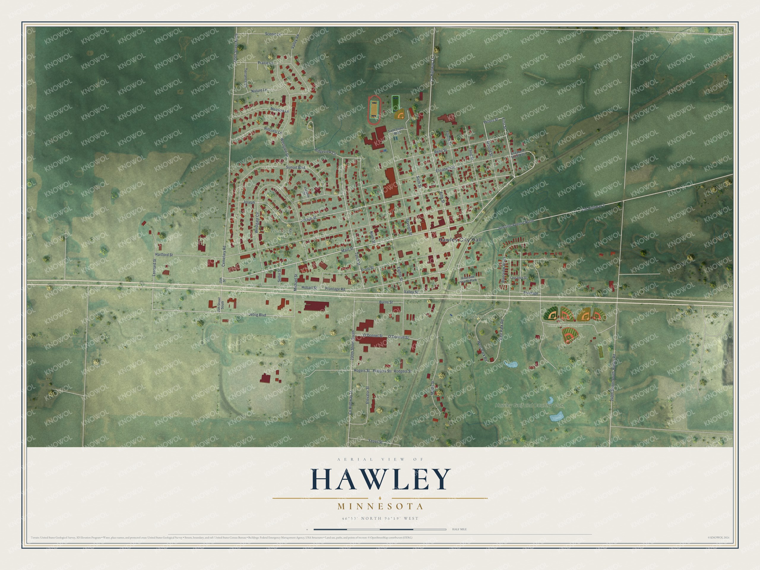 Full map of Hawley, Minnesota, with red buildings, printed street names and the land around them