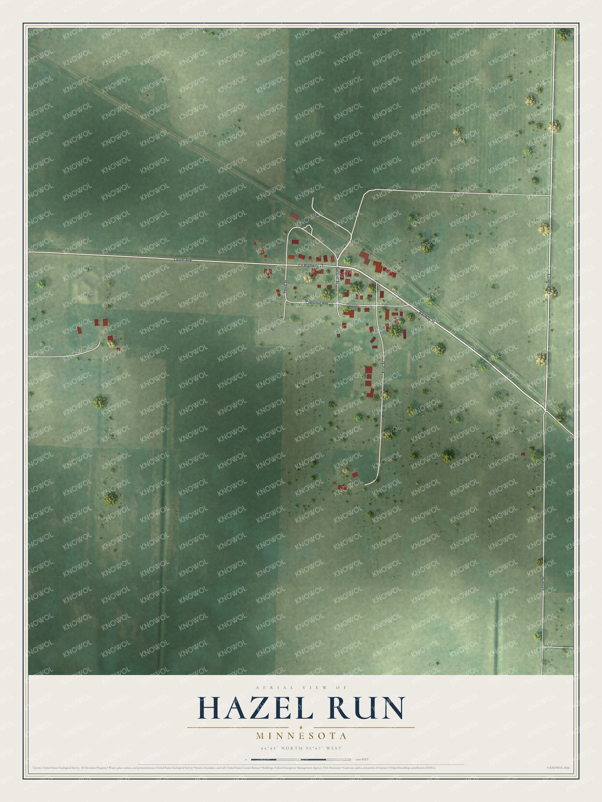 Full map of Hazel Run, Minnesota, with red buildings, printed street names and the land around them