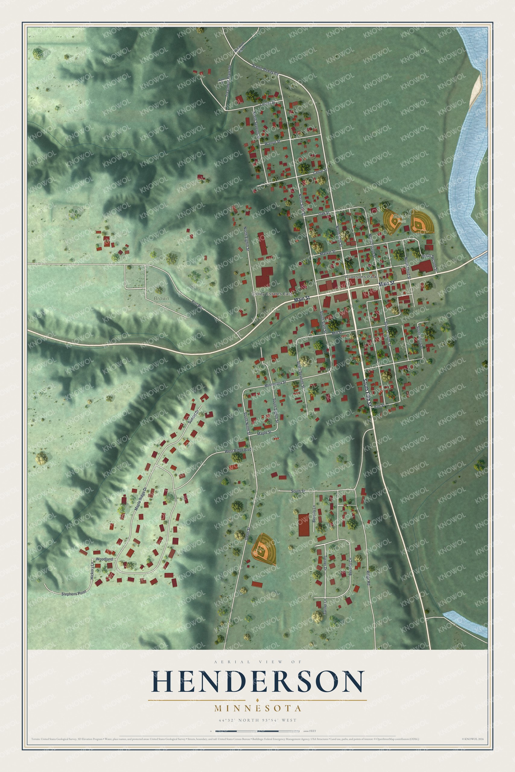 Full map of Henderson, Minnesota, with red buildings, printed street names and the land around them