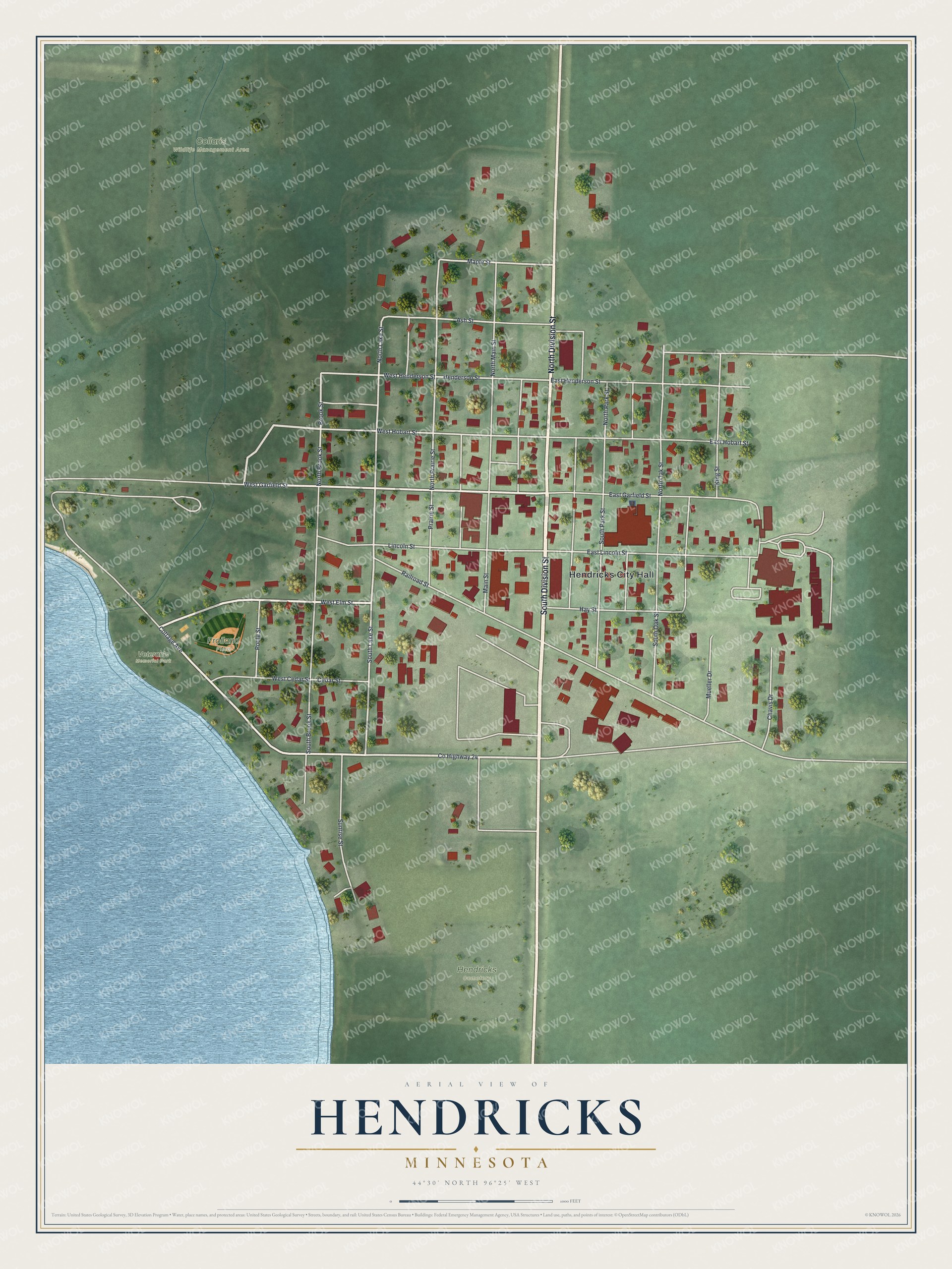 Full map of Hendricks, Minnesota, with red buildings, printed street names and the land around them