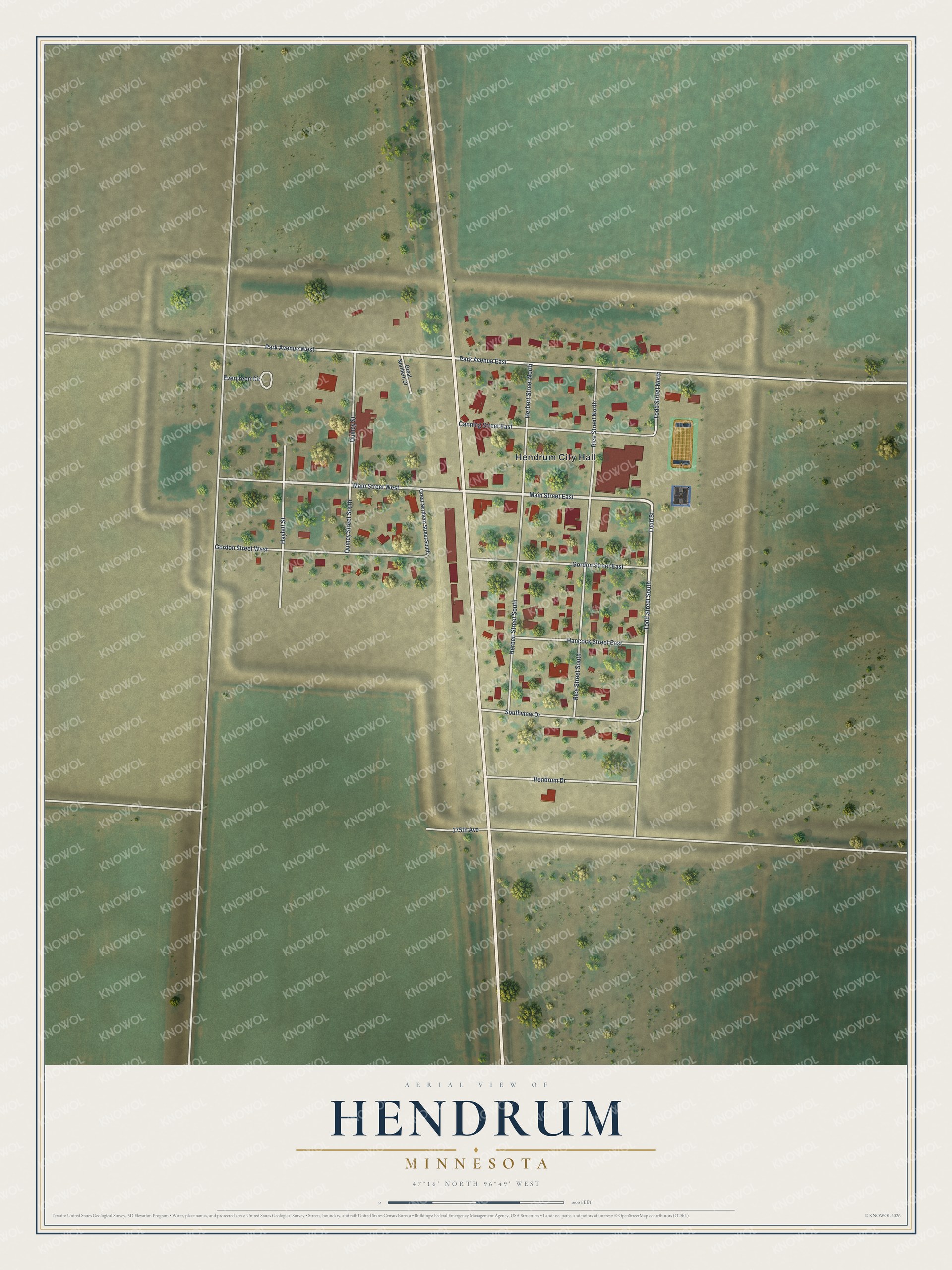 Full map of Hendrum, Minnesota, with red buildings, printed street names and the land around them