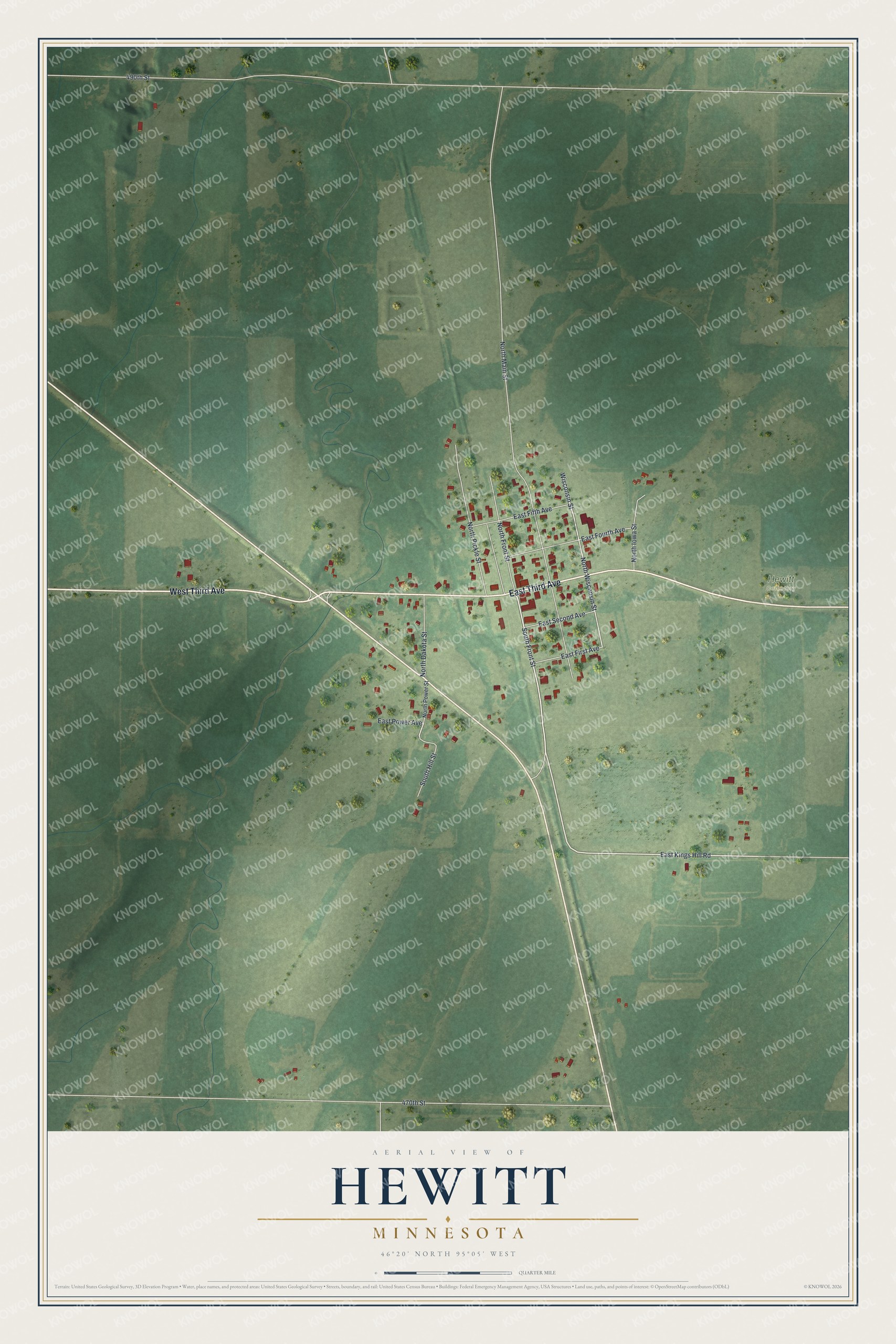 Full map of Hewitt, Minnesota, with red buildings, printed street names and the land around them
