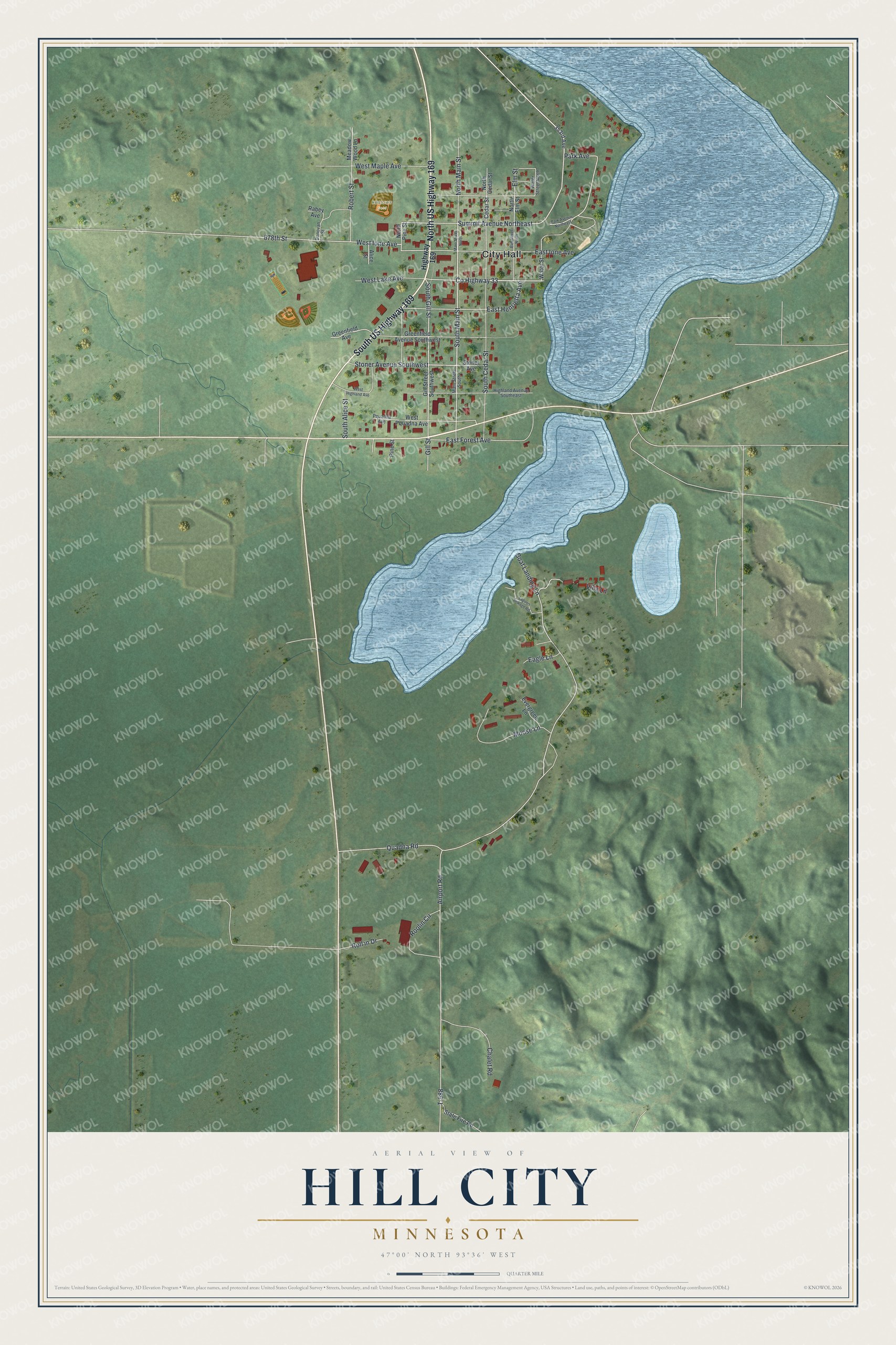 Full map of Hill City, Minnesota, with red buildings, printed street names and the land around them