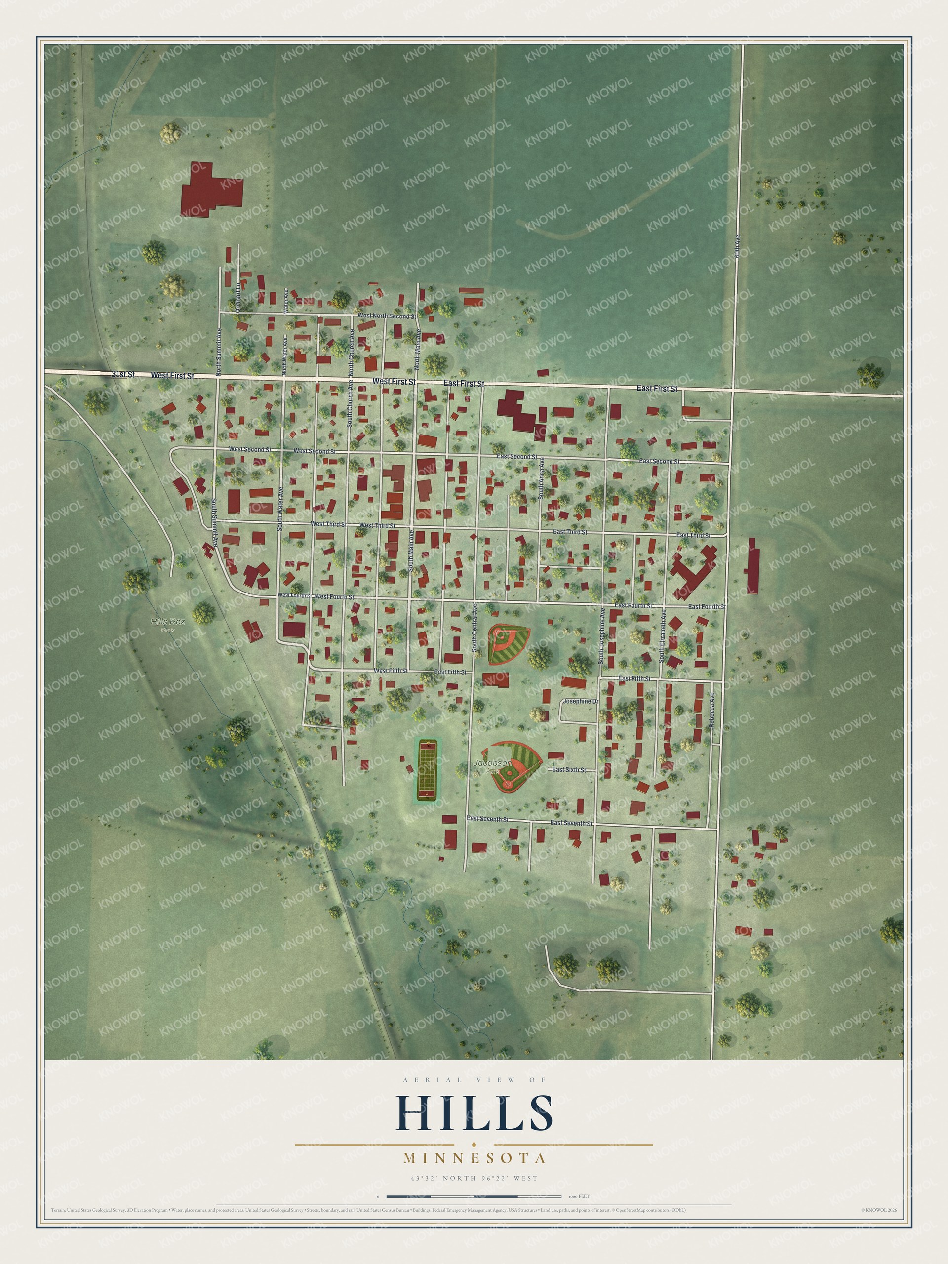 Full map of Hills, Minnesota, with red buildings, printed street names and the land around them