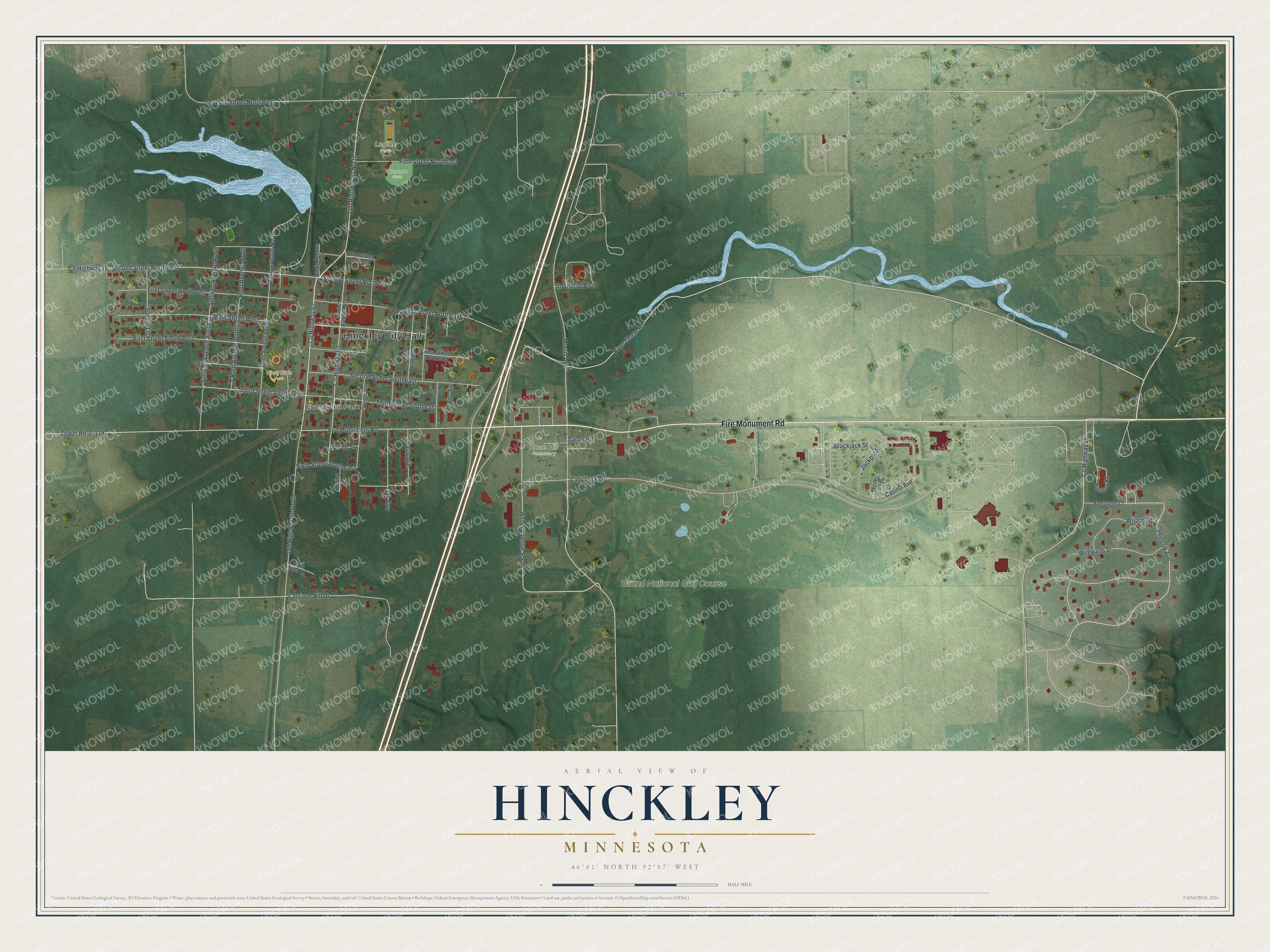 Full map of Hinckley, Minnesota, with red buildings, printed street names and the land around them