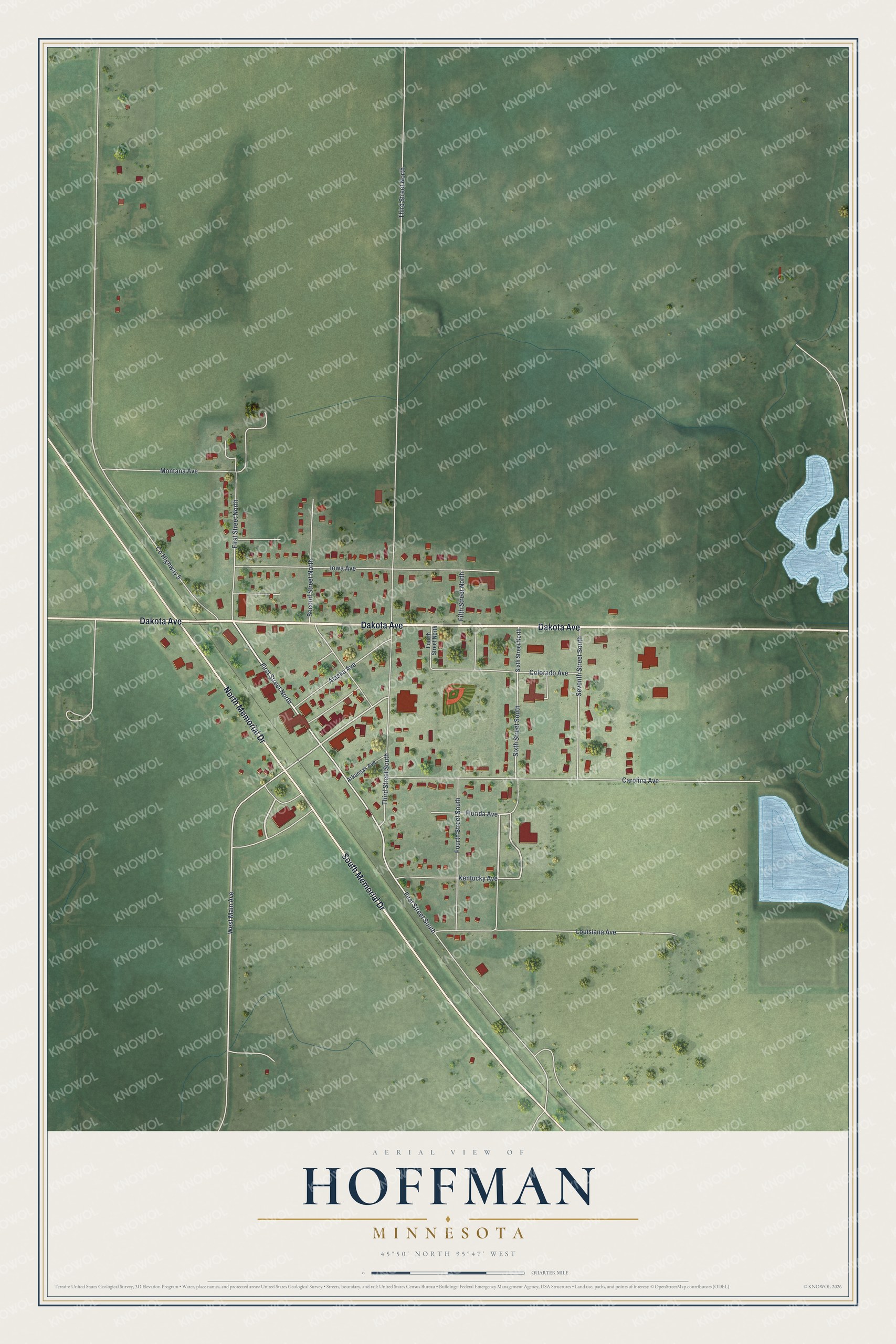 Full map of Hoffman, Minnesota, with red buildings, printed street names and the land around them